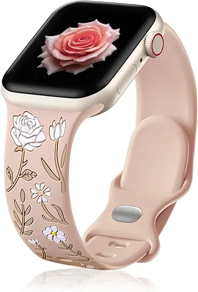 Floral Engraved Band Compatible with Apple Watch Band 38mm 40mm 41mm 42mm 44mm 45mm 46mm 49mm for Women, Soft Silicone Cute Sport Strap for iWatch Bands Ultra 2 Ultra Series 10 9 8 7 6 5 4 3 2 1 SE