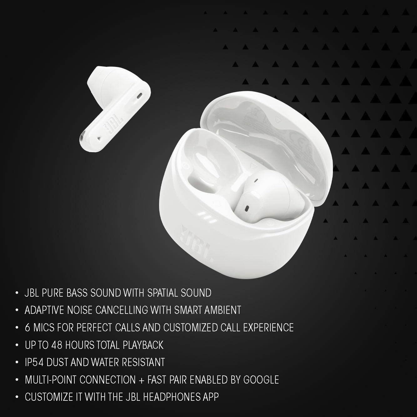 JBL Tune Flex 2 - True Wireless Noise Cancelling Earbuds Spatial Sound and Smart Ambient Technology, 6 mics for Perfect Calls, up to 48Hrs of Playback, IP54 Dust & Water Resistant (White)