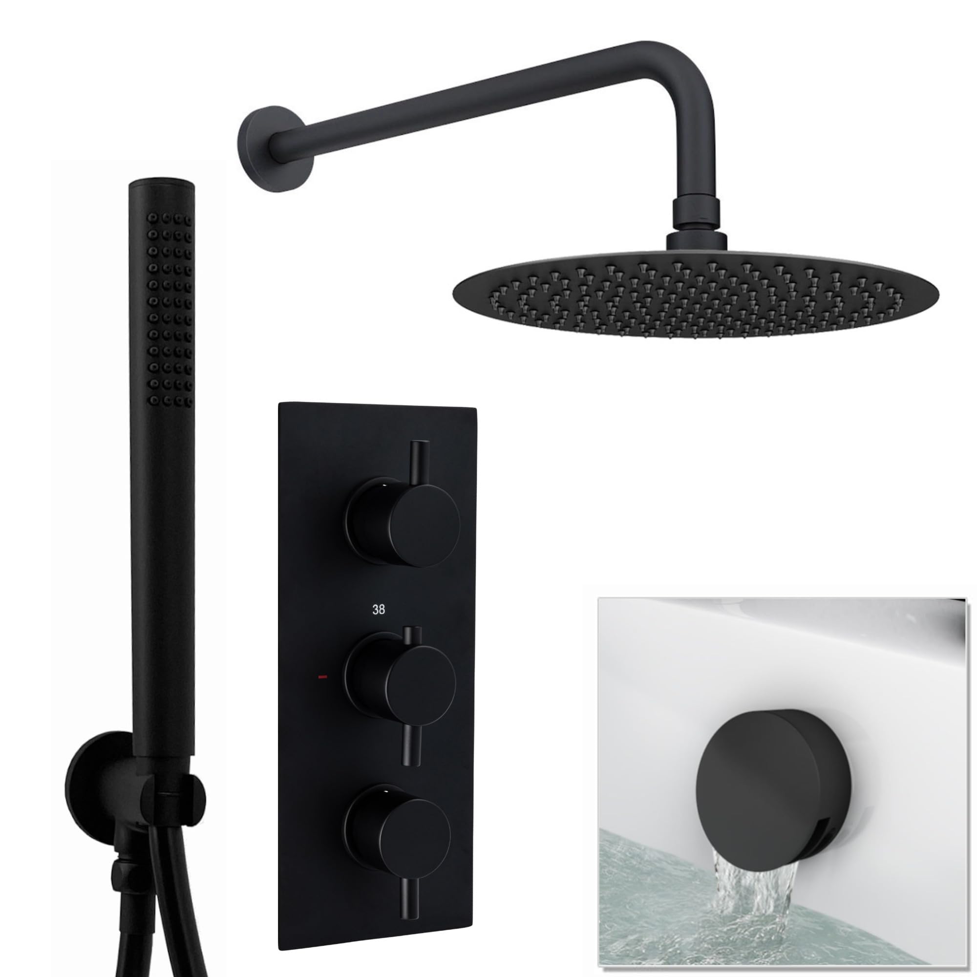 ENKI SH0460 Naples Contemporary Round Concealed Thermostatic Shower Set Incl. Triple Diverter Valve, Wall Fixed 8" Shower Head, Handshower Kit, Bath Filler Waste with Overflow - Matte Black (3 Outlet)