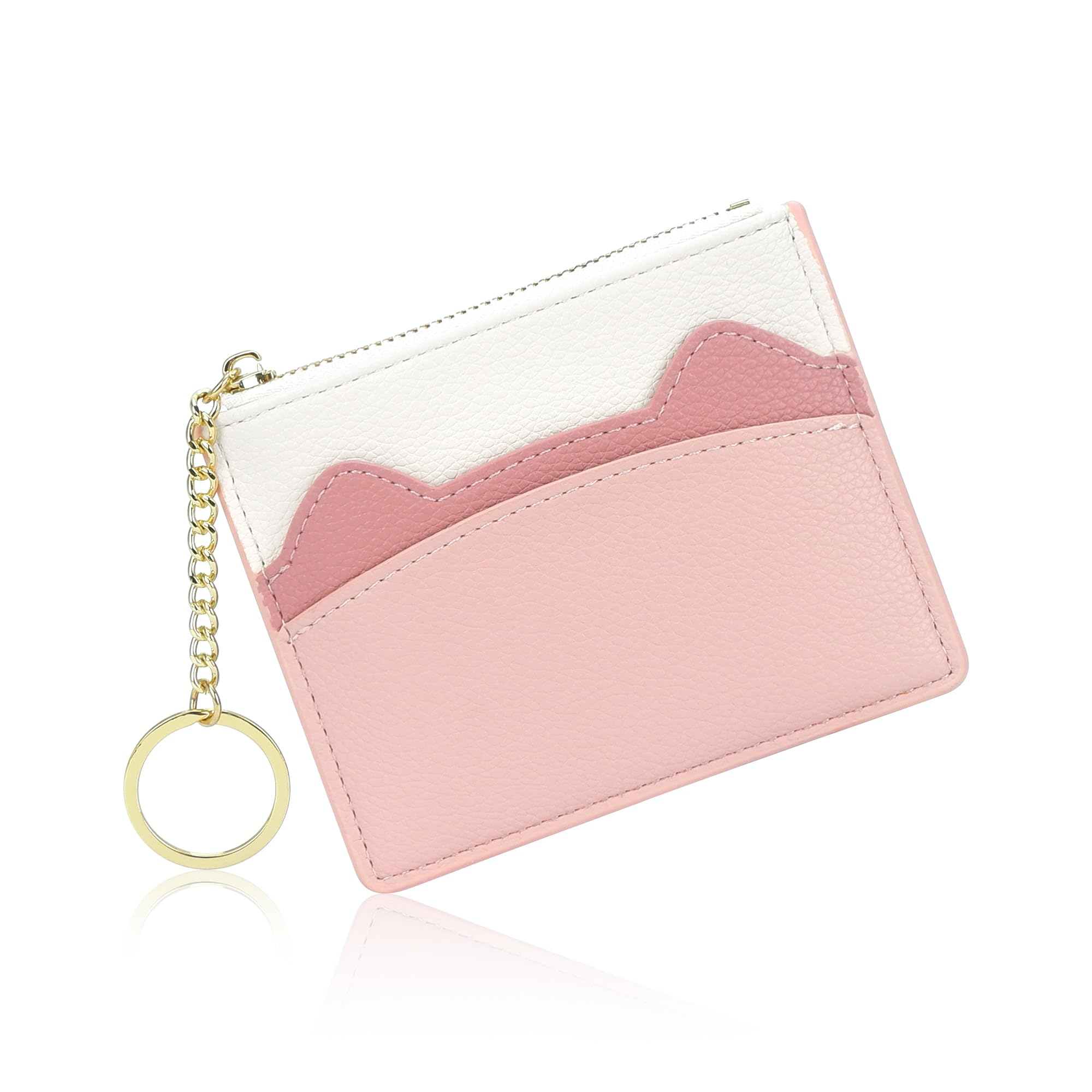 SNCCJ Slim Minimalist Wallets for Women, Mini Front Pocket Leather Simple Credit Card Holder with Keychain (Pink)