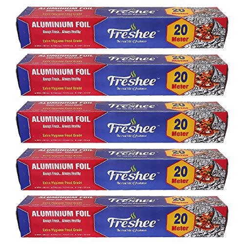 Image of Freshee 20m Aluminium Silver Kitchen Foil Roll Paper Pack of 5|11 Micron Thick|Food wrap|Disposable Food Parcel|Fresh Food