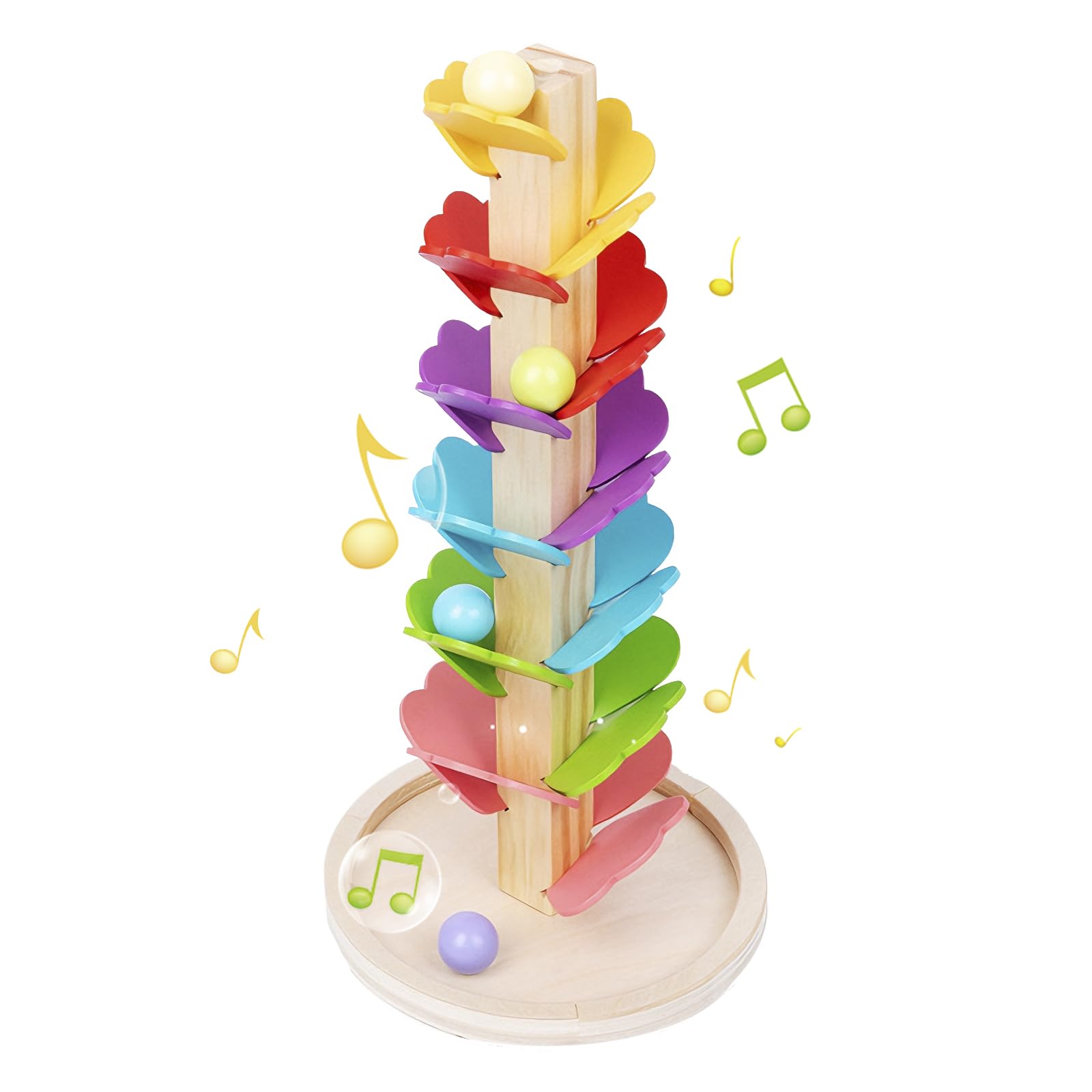 Music Tree Wooden Marble Run, Montessori Sound Tree with1 Base 4 Balls 6 Colors Ball Drop Toy, Wooden Rolling Ball Drop Toy