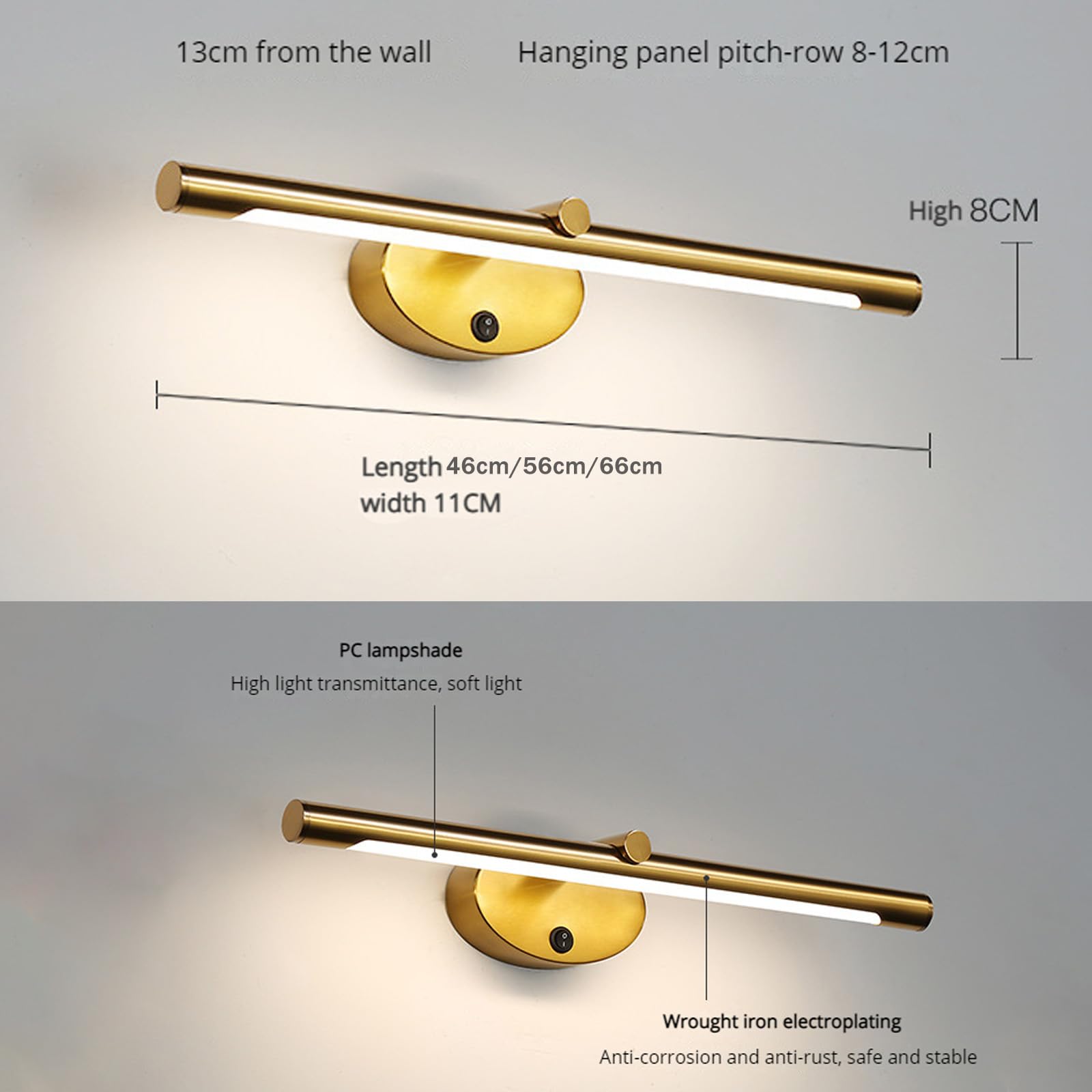 LED Spiegelleuchte Bad Wandleuchten mit Schalter Modern Metall Wandbeleuchtung Schminklicht Waschtisch Wandleuchte Spiegel Schminktisch Badezimmer Bildbeleuchtung (Goldenes Neutrales Licht,66cm)