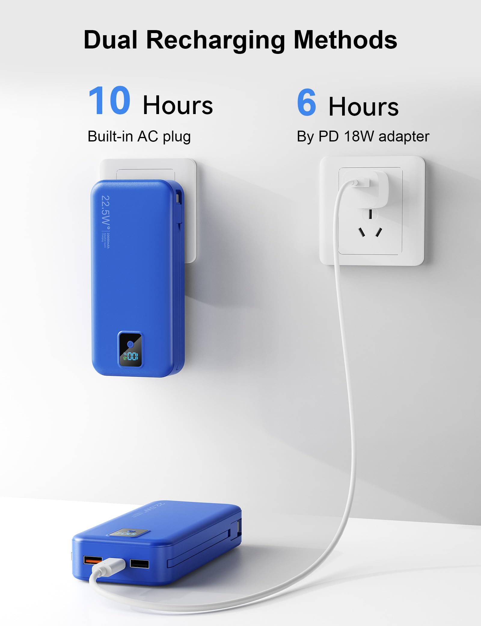Cargador portátil, 20000 mAh, 22,5 W, batería externa de carga rápida con cables integrados y enchufe de pared, batería esencial de viaje con pantalla LED, cargador de teléfono USB C para iPhone, iPad