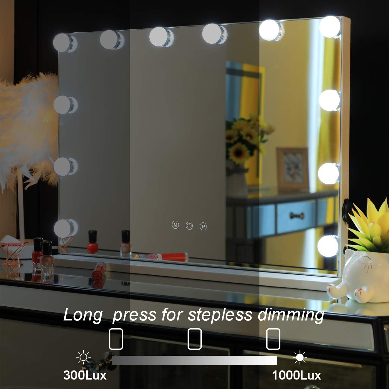 HOMPEN Makeup Vanity Mirror with Lights, Hollywood Lighted Mirror with Dimmable LED Bulb and 3 Color Modes, Dimmable Tabletop Cosmetic Mirror with 15 LED Bulbs