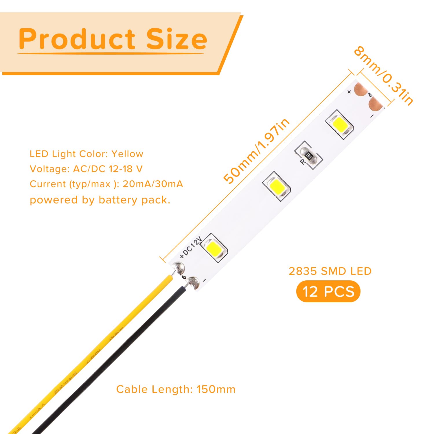 Lyeteung 12 PCS 50mm 12V - 18V Pre Wired Strip, 2835 SMD LED Model Railway LED Lighting, Yellow, 50mm - 10pcs - Image 2
