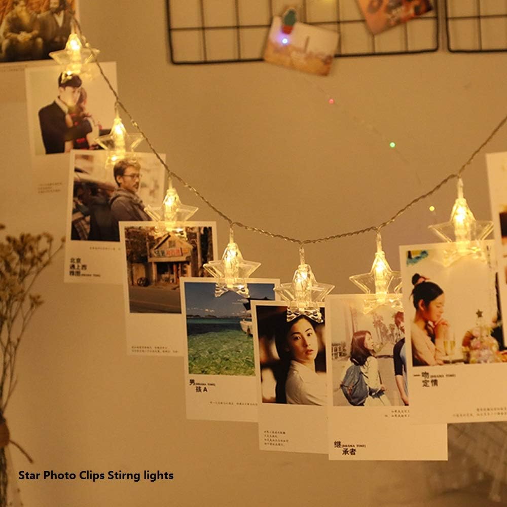 Prince Team 20LED Star Photo Clips String Lights Girls Heart Room Decoration with Clips for Hanging Pictures,Cards,Artwork, Warm White