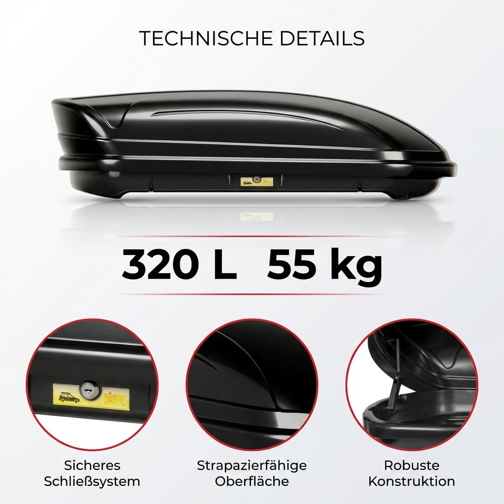 Dachbox 320 Liter abschließbar schwarz VDP-MAA320