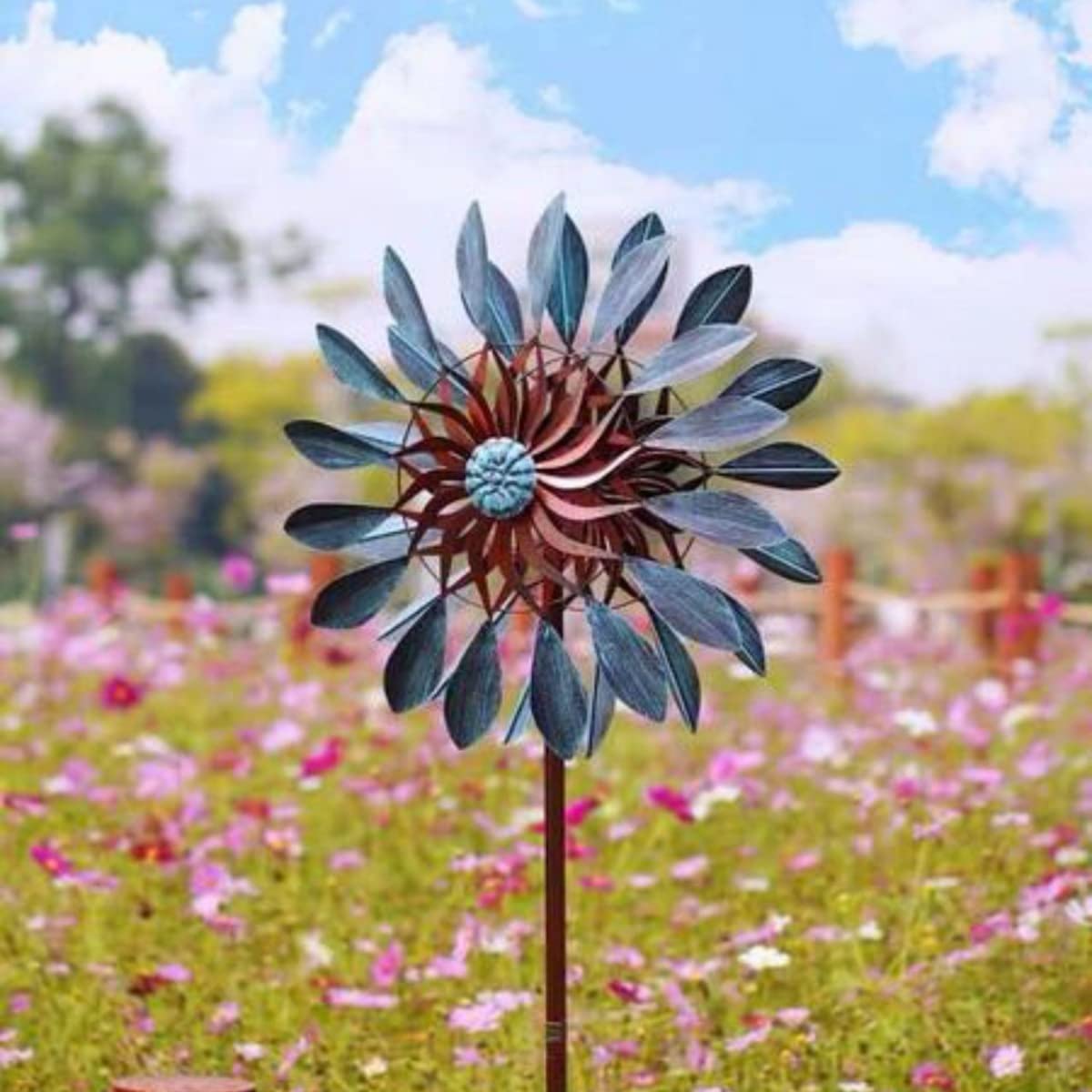 CIM Metall Windrad - Doppelwindrad Petite Vintage Flower – Gesamthöhe: 160cm, Windrad-Durchmesser: 40cm – Gartendekoration Blume – wetterbeständig - inkl. 2-zackiger Bodenverankerung