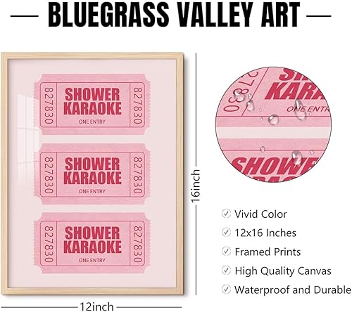 Miniatura 2 de Divertido arte de pared para baño, póster de lienzo de karaoke rosa con diseño de ducha, estilo retro, femenino, decoración de baño, ducha, canto,