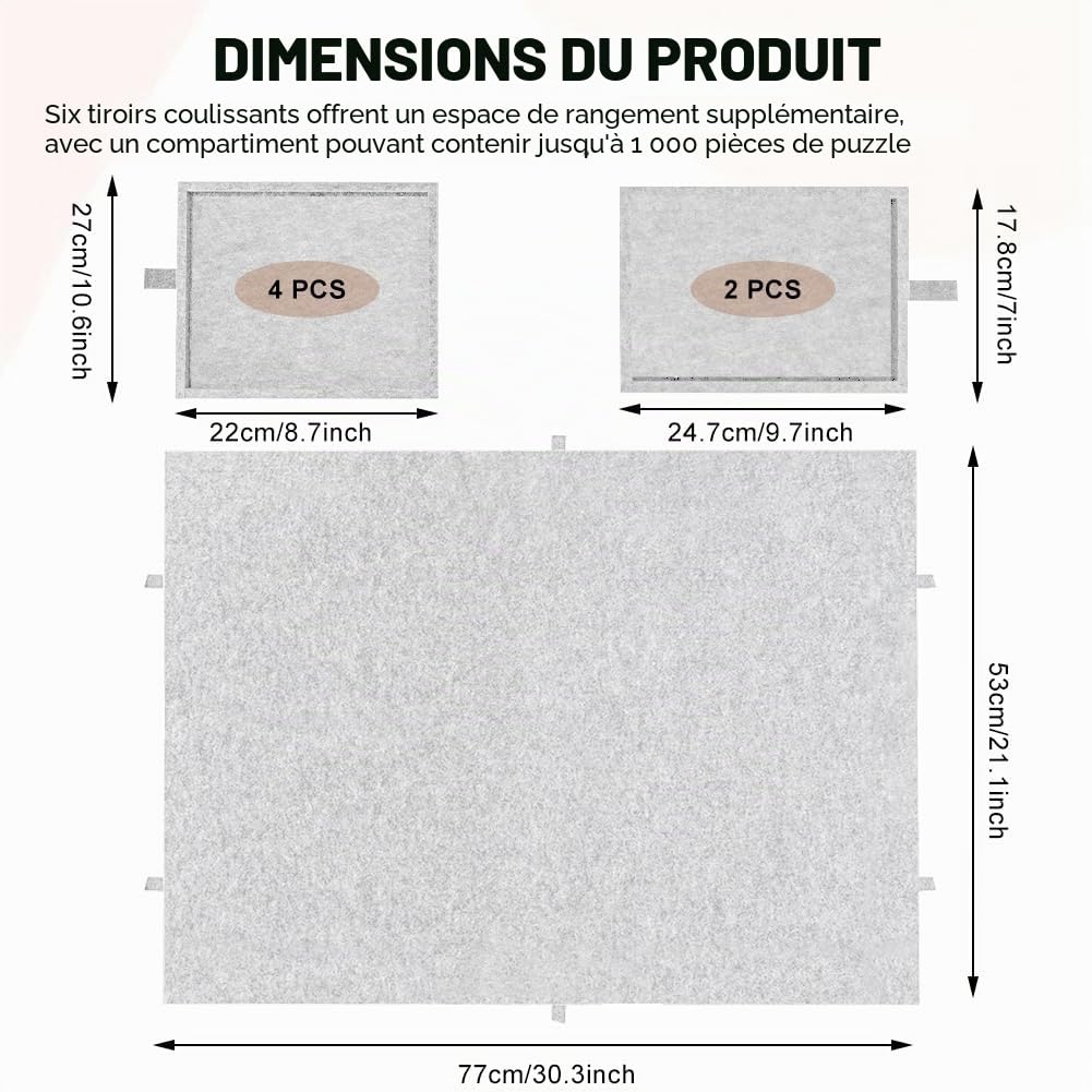 Table à Puzzle avec 6 Tiroirs, Table à Puzzle 1000 Pièces, Support et Housse 2 en 1, Table à Puzzle en Feutre Ultra-Légère, Table à Puzzle Portable Pouvant Accueillir Jusqu'à 1000 Pièces (Grise)