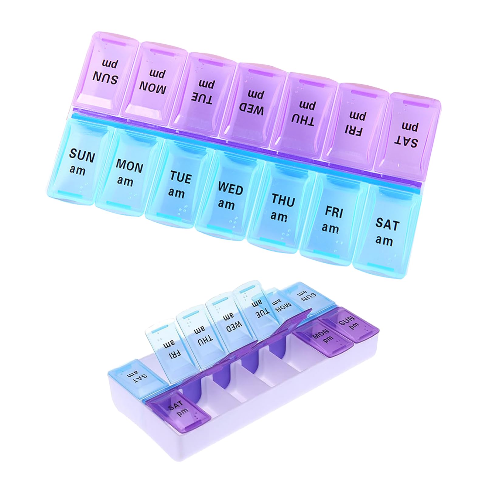 Weekly Pill Boxes 7 Day 2 Times a Day, Daily Pill Box Organiser, Travel Pill Boxwith Am/Pm Compartments, BPA Free Weekly Tablet Organiser to Hold Vitamins and Medication (Purple+Blue)