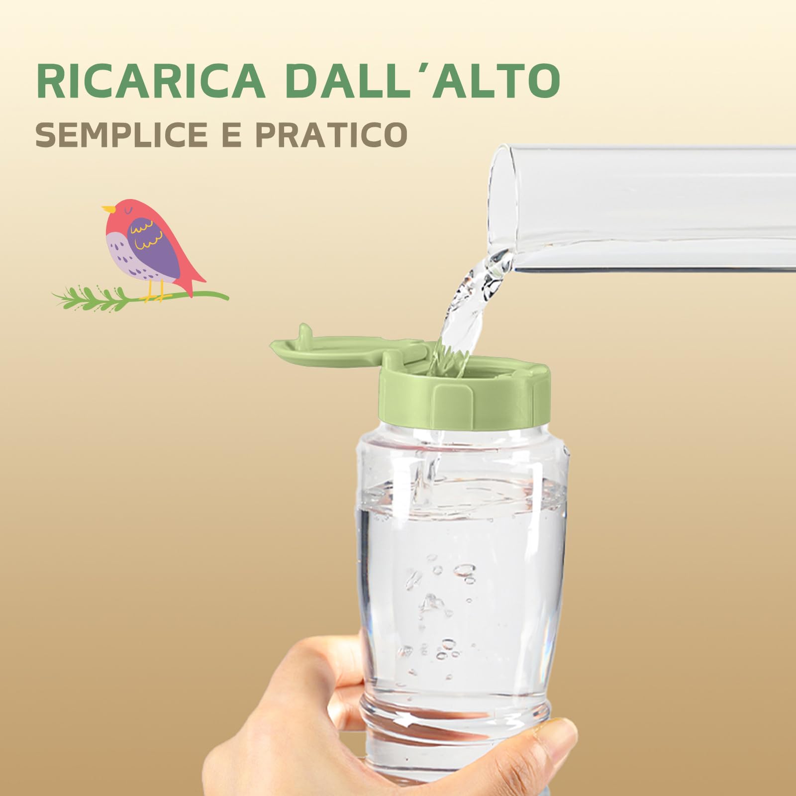 Abbeveratoio per uccelli, Dispenser d'acqua automatico per gabbia, Bottiglia d'acqua appesa per Pappagallini, Canarini, Cockatiel, Fringuelli, Budgerigar (Verde, 240ml)