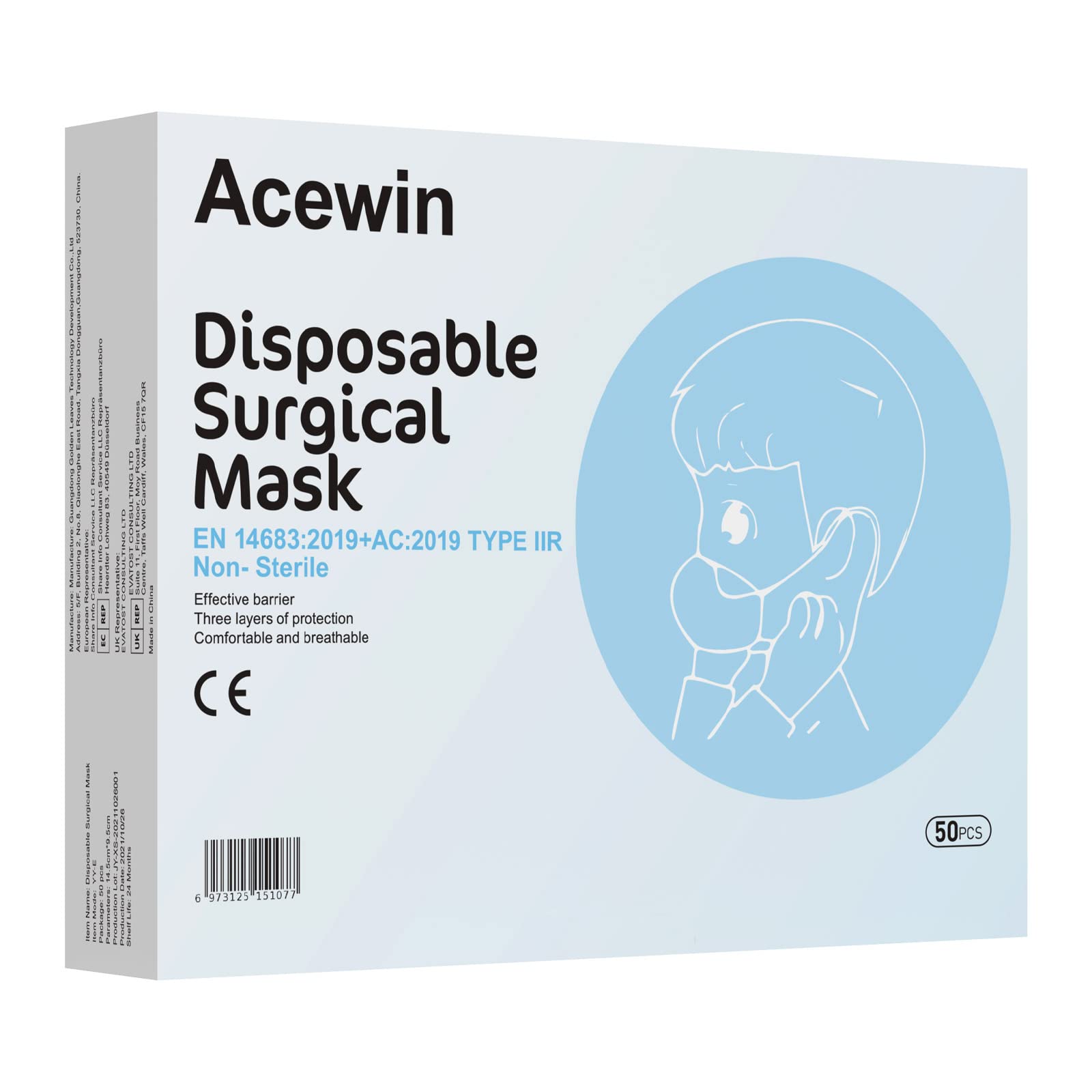 Acewin Einwegmasken Für Kinder – 3-lagig, CE-zertifiziert, 50 Stück, Blau, Mit Nasenclip Und Ohrschlaufen