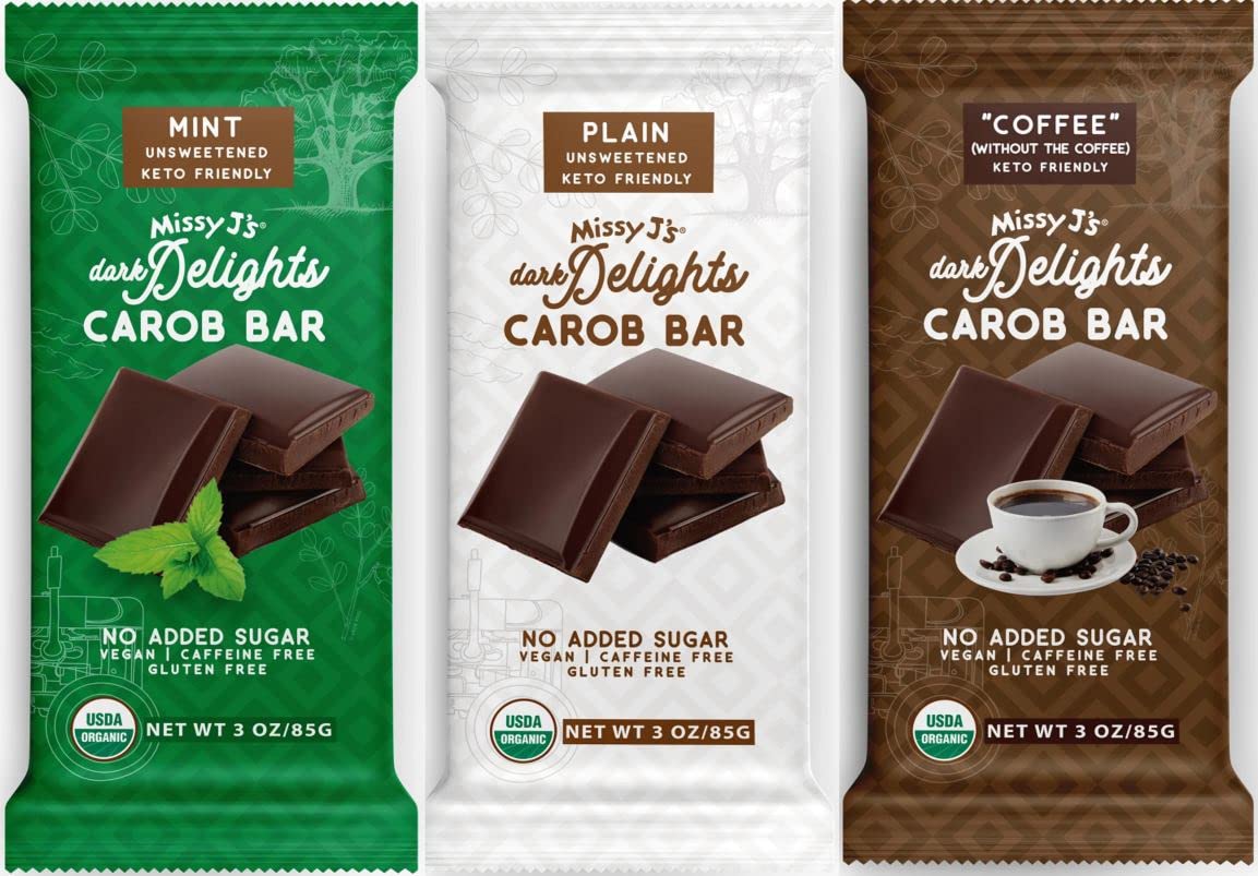 Missy J's Organic Carob Dark Delights Unsweetened Sampler Candy Bar 3 Pack, Vegan