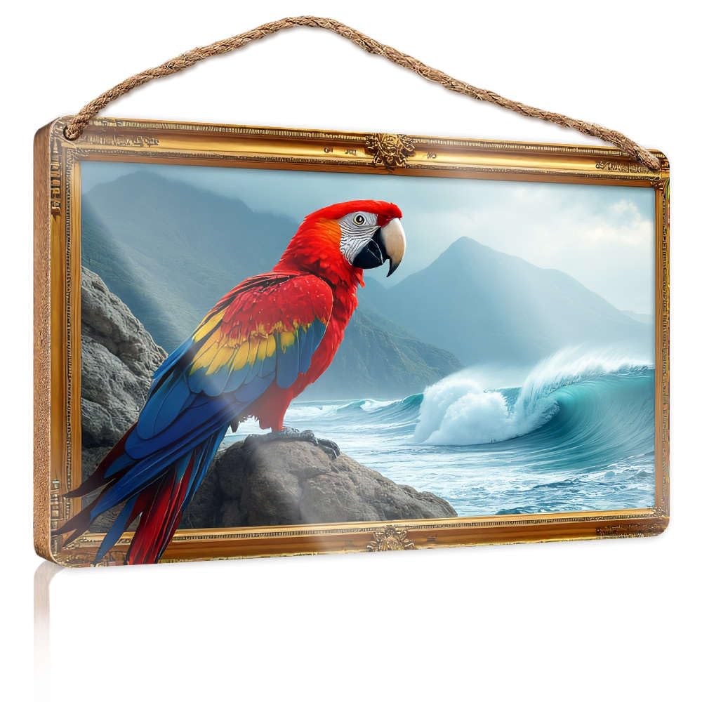 Wooden Decorative Plaque A Vibrant Parrot Perches On A Rocky Shore With Crashing Waves Office Decor For Wall Funny Porch Decorations(15X28CM)