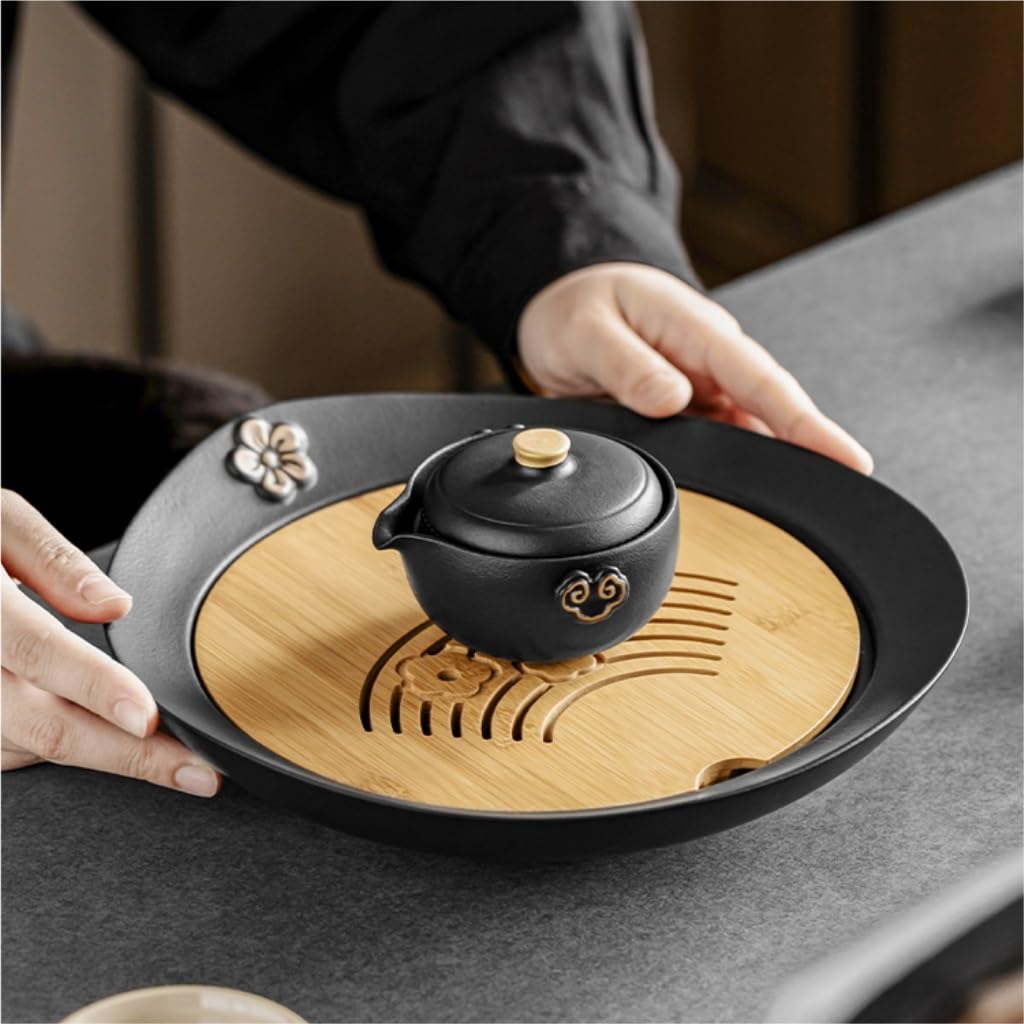 Bandeja de té Sencilla Bandeja de té Bandeja de té Redonda para el hogar Bandeja de Taza de té de cerámica Juego de té de Kung fu pequeño con función de Almacenamiento de Agua (A)