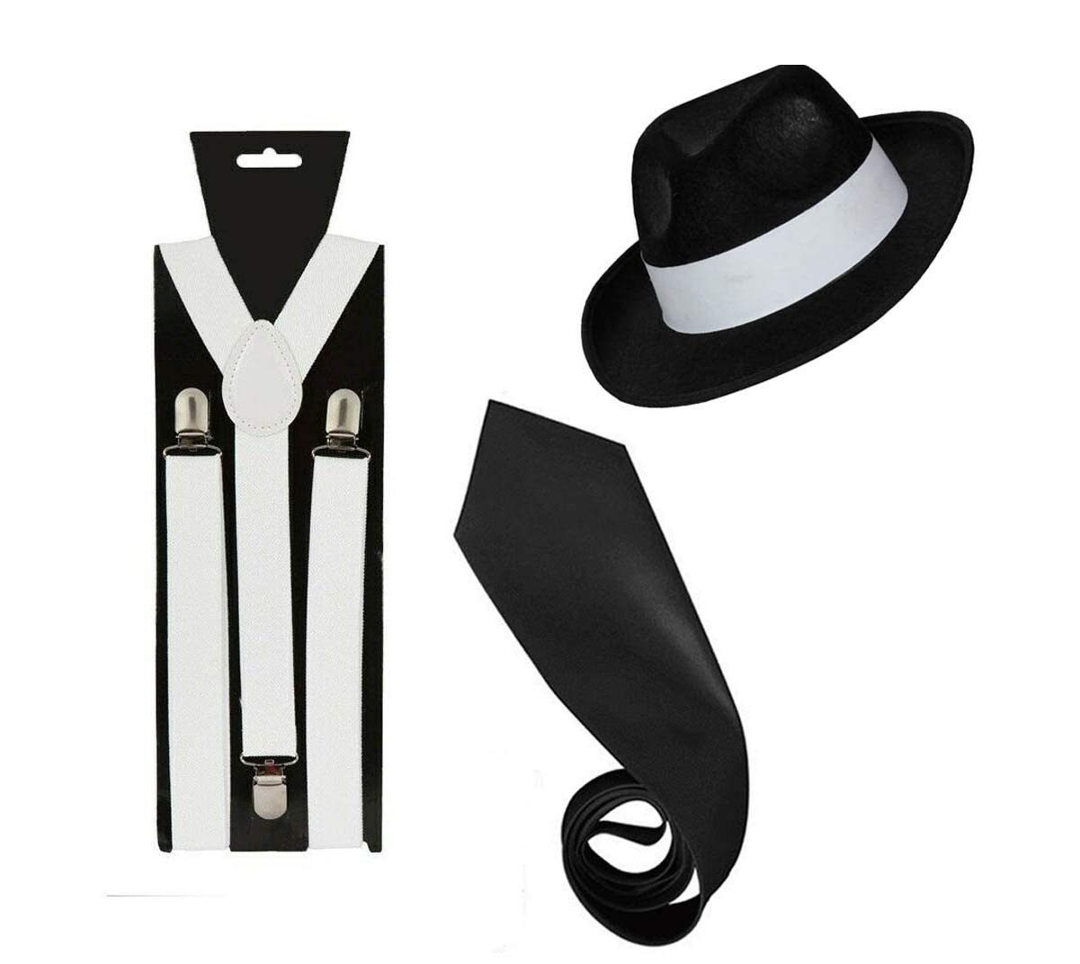 Golden Beads MEN GANGSTER HAT TIE BRACES SET FELT TRILBY AL CAPONE 1920's FANCY DRESS (White, W.Braces+B.Tie+B.Hat)