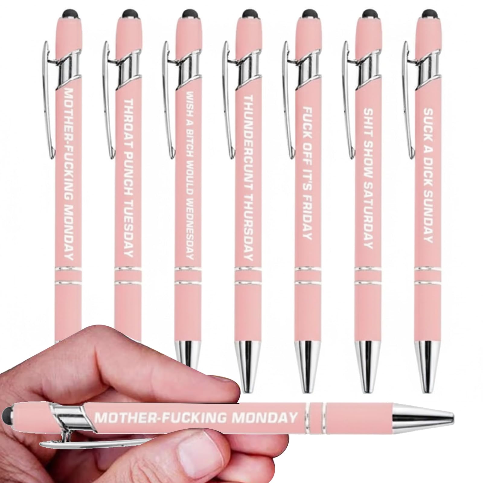 7 Pcs Funny Stress-Relief Daily Quotes Metal Ballpoint Pen Set, Days of The Week Daily Sarcastic Pens Gift for Coworker, Work Pens for Adults, Black Ink Medium Point 1.0 mm Smooth Writing (Pink)