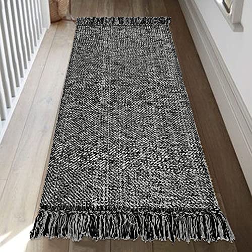 Collive Kitchen Runner Rug, 2' X 4.3' Cotton Hand-Woven Reversible Washable Rug, Black Bathroom Rugs Modern Farmhouse Hallway Carpet For Foyer Bedroom Entry Back Door Decor #TOP4