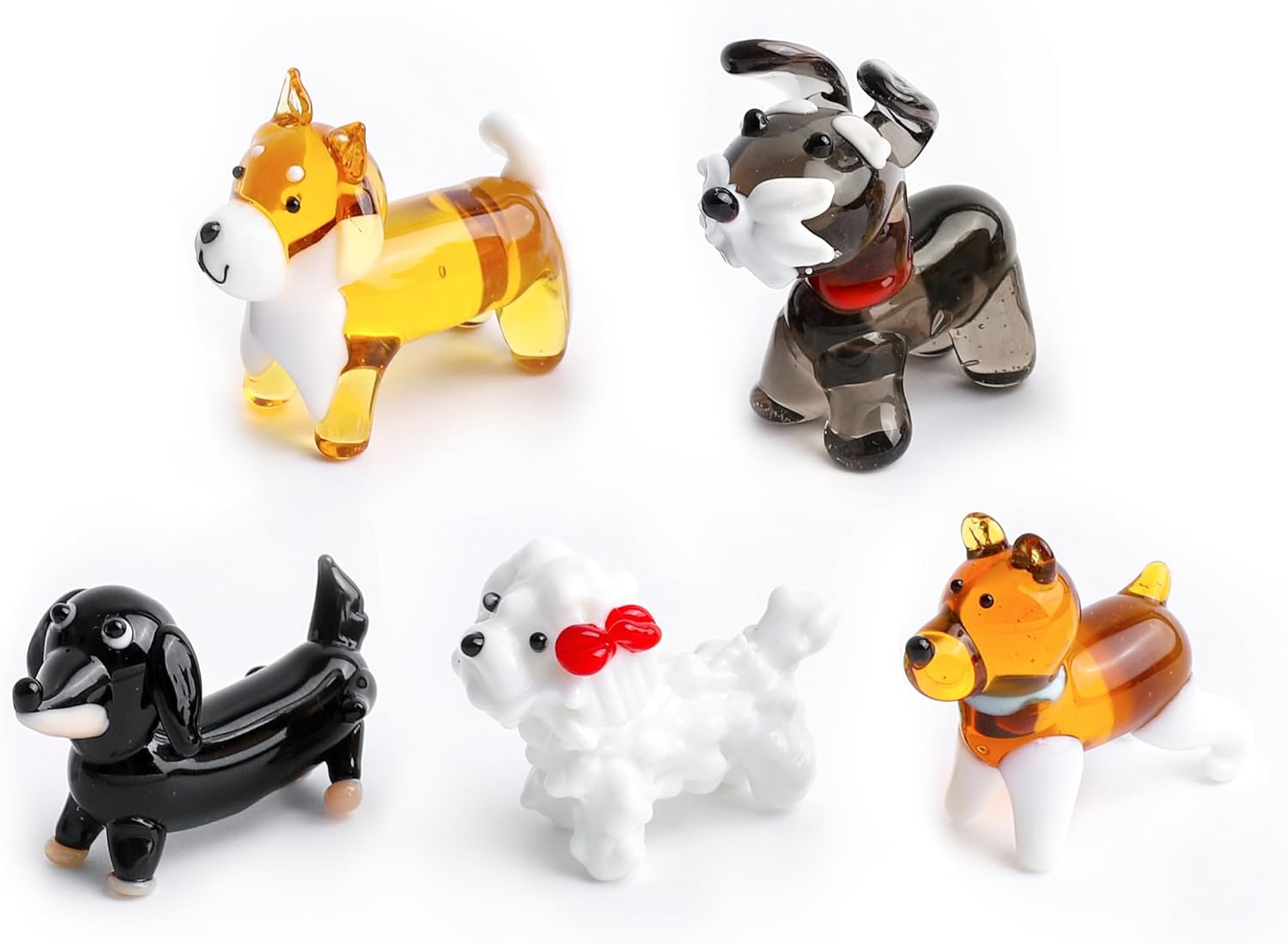 5 Piece Hand Blown Glass Figurines Mini Dog Statue Includes Dachshund, Beagle Dog, Puppies Glass ...