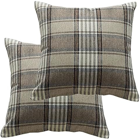 ZBW Impex - Set of 2 - Tartan Check Plaid Cushion Covers Striped Decorative Pillowcase For Home Sofa Bedroom Living Room (Brown, 18x18 inch) Cover