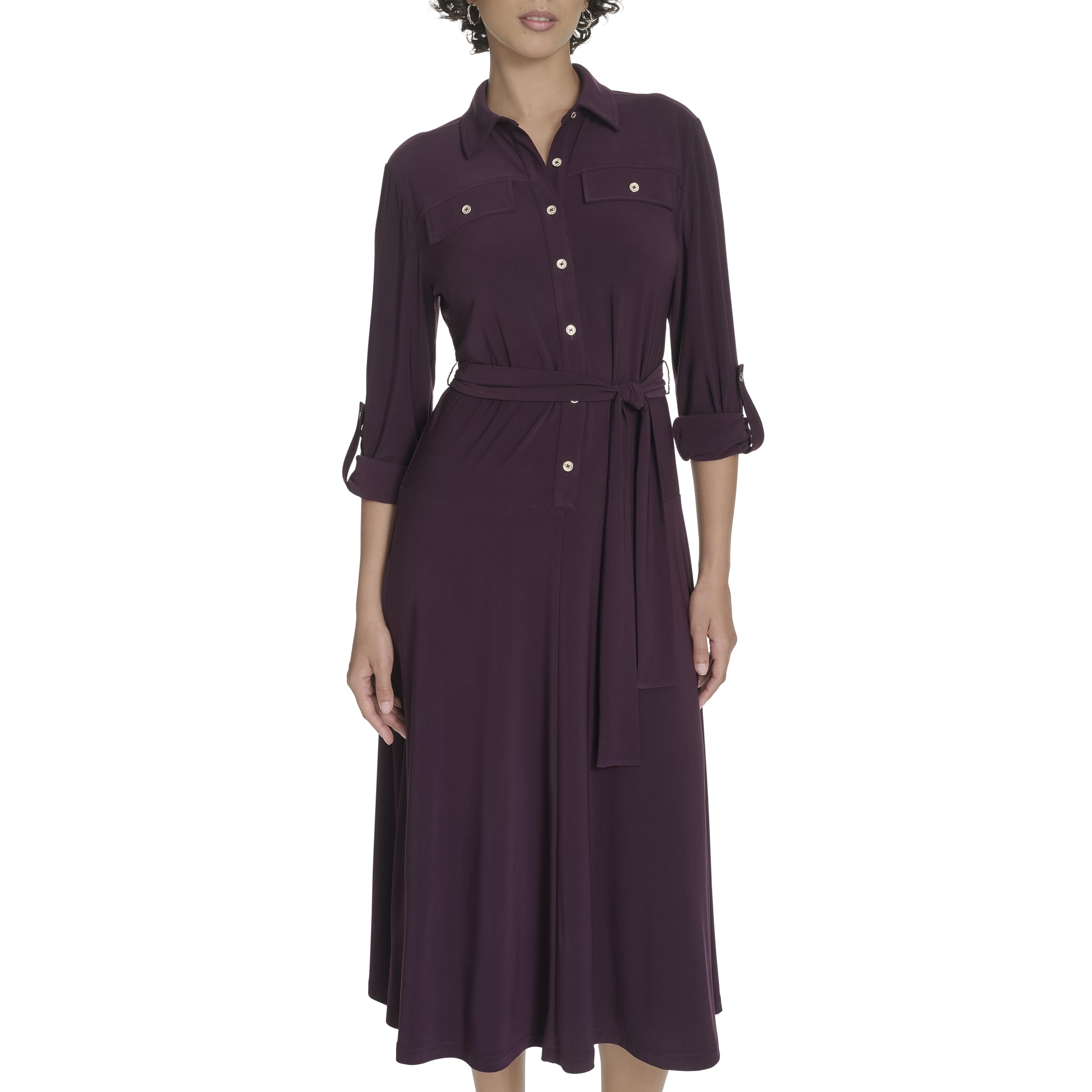 Tommy Hilfiger Womens Roll Tab Sleeves Collared Solid Jersey Shirtdress