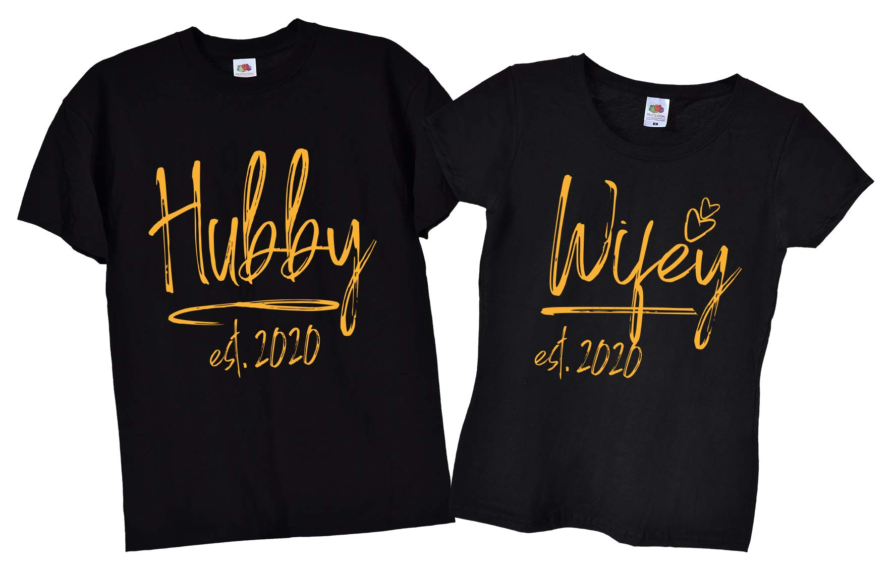 TrendySnug Tees Personalised Matching Pair Hubby Wifey Mr & Mrs Wedding Day Honeymoon Anniversary T-Shirts, 187 (Black with Gold Text, Men's - Large/Women's - Large)