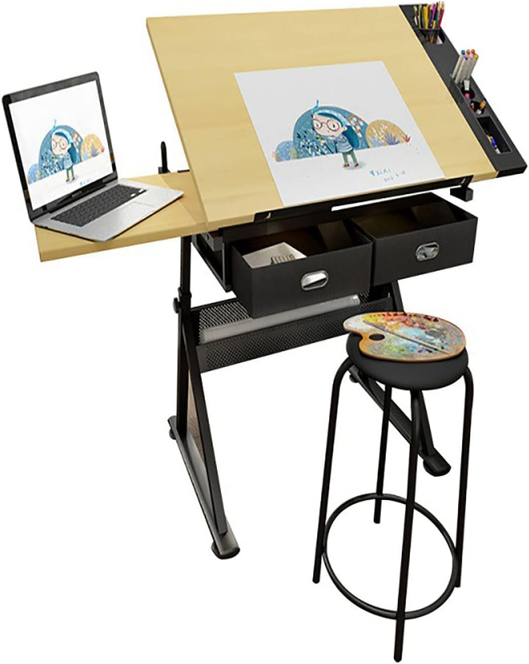 Höhenverstellbarer Zeichentisch mit Aufbewahrung, Kunstschreibtisch zum Zeichnen, Grafikdesign, Basteln und Lesen, vielseitiger Tischarbeitsplatz für Künstler und Designer