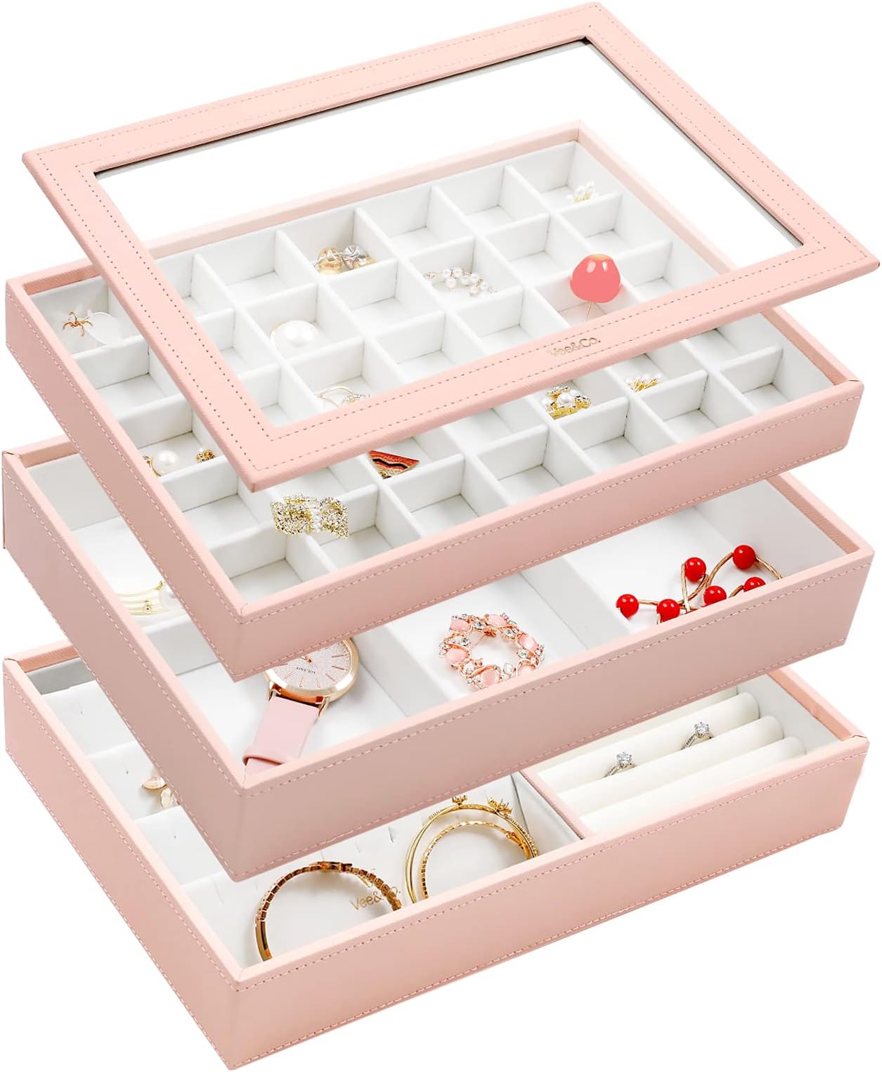 Vee Jewelry Trays Jewelry Organizer Stackable Organizer Trays Drawer Dresser Storage with Stalinite Lid for Rings Earrings