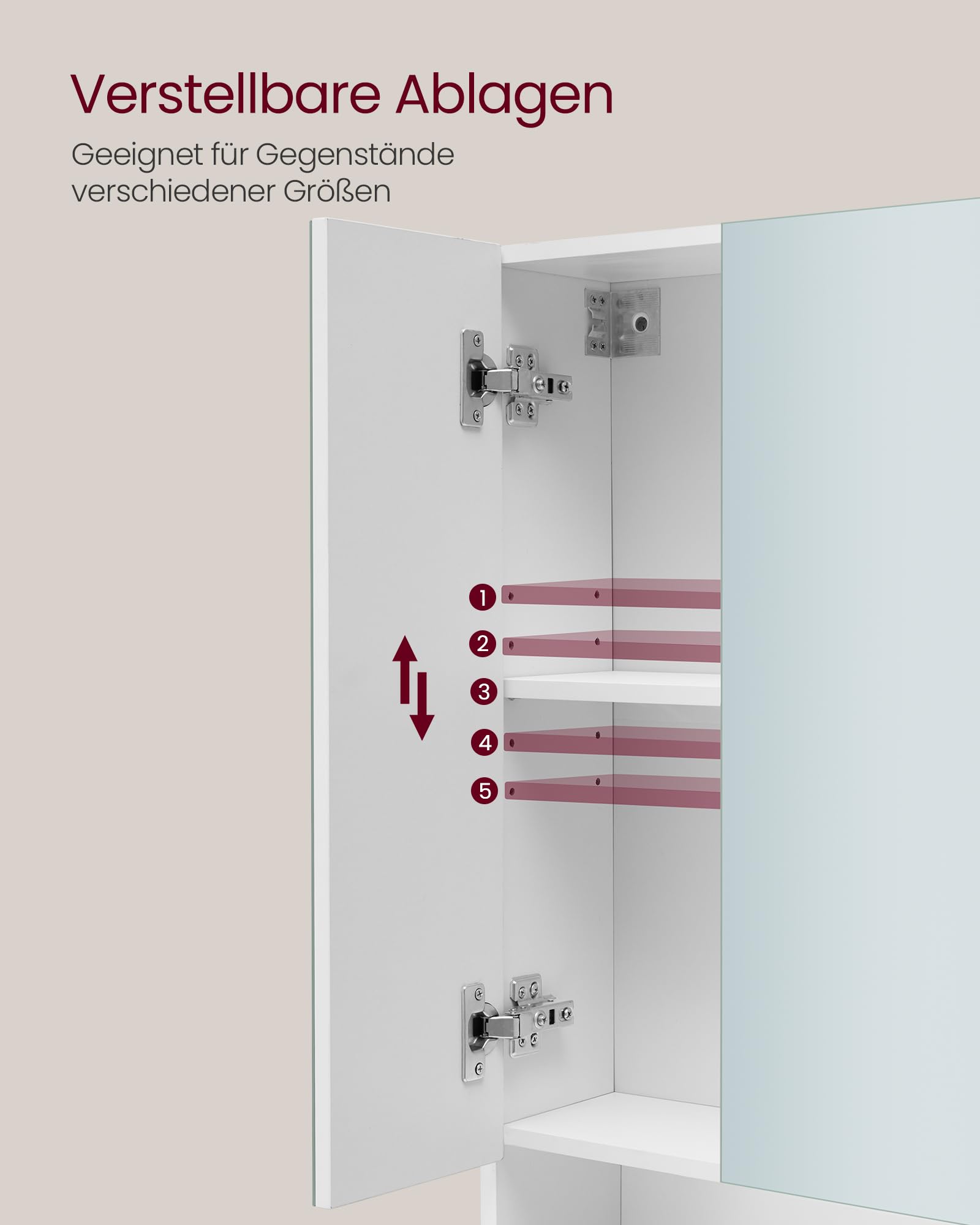 VASAGLE Kailyn Kollektion - Badezimmerschrank mit 3 Türen, Spiegelschrank, Badschrank, offenes Fach, verstellbare Ablagen, 16,5 x 70 x 75 cm, wolkenweiß BBK129W01