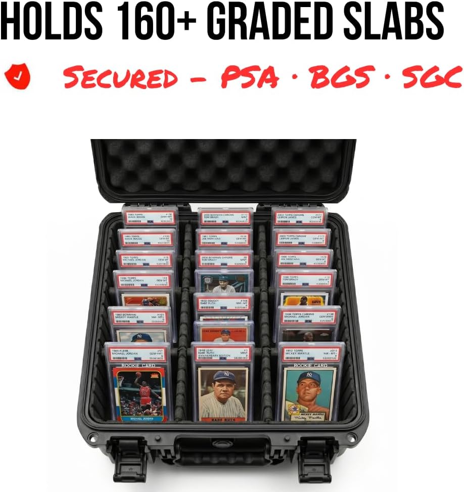 Graded Card Storage Box, IP67 Waterproof Hard Slab Case Holds 160+ PSA BGS SGC Graded Cards & 400+ Top Loaders, Baseball Sports Trading Card Carrying Case with Dividers for Collectors
