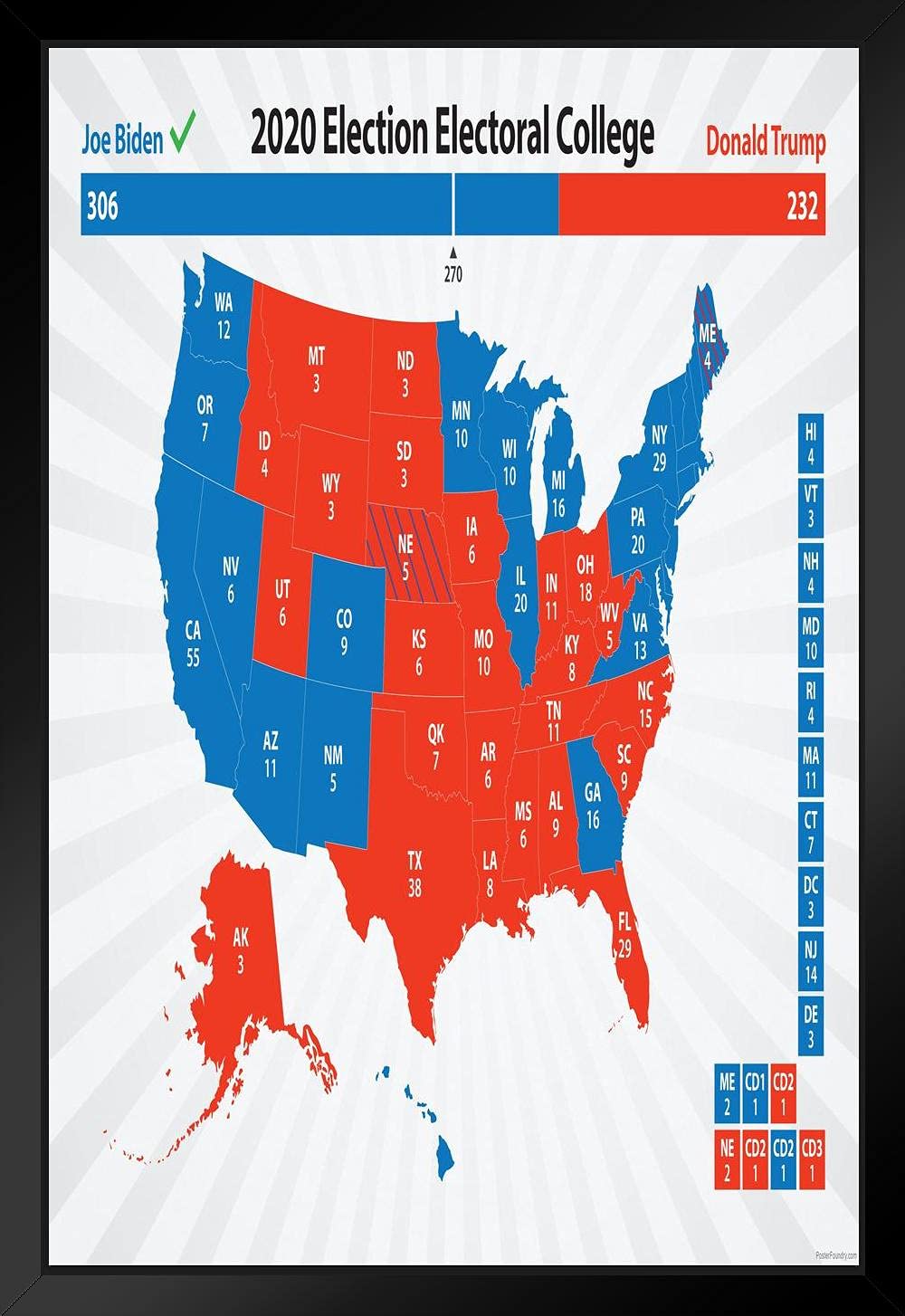 Amazon.com: Joe Biden 2020 年選舉學院地圖總統選舉結果Road to 270 投票 藍色紅色國家再見唐卡馬拉哈里斯黑木裱框牆面藝術