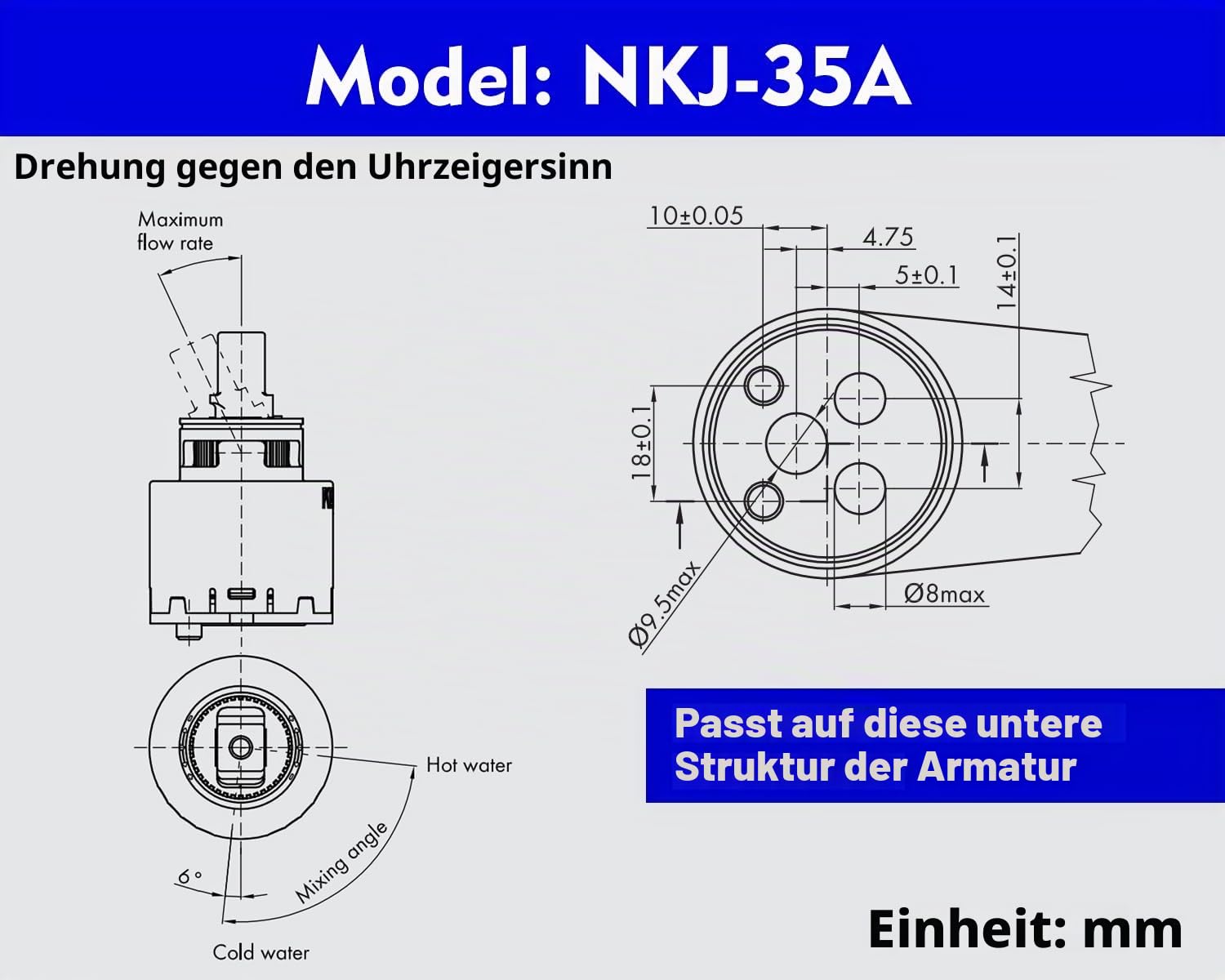 Kerox NKJ35 Einhebel-Wasserhahn-Kartusche (1 Pack), 35 mm Ersatz-Keramikmischung, energiesparende Kartusche, Rechtsdrehung, Reparatur-Set für Kerox-Einhebel-Wasserhahn, Blau