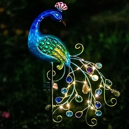 VEWOGARDEN Estaca de luces solares de pavo real de metal de jardín de 41.5 pulgadas, luces impermeables para camino de paisaje para decoración de