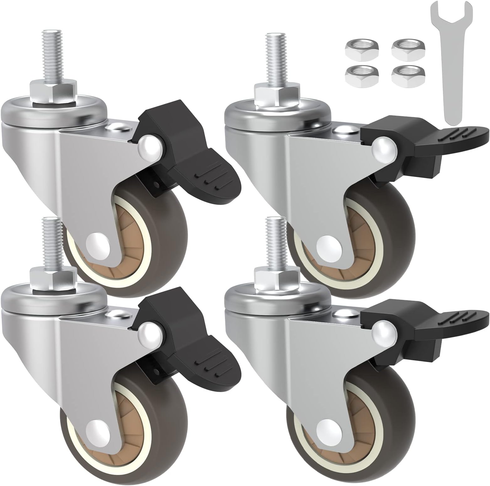 OK5STAR 1.5" Mini Caster Wheels with Brakes, M6x15mm Threaded Stem Low Profile TPR Castors Quiet Rolling for Small Cart Trolley Dolly Workbench Furniture Set of 4