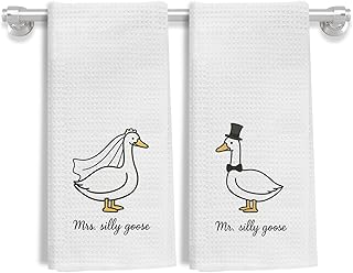 Funny Mrs and Mrs Silly Goose Kitchen Towels, Wedding Gifts for Couples Newlyweds Dish Tea Towels for Kitchen Decor, Just Married Gifts Decorative Hand Towels for Bathroom, 16x24 Inch Set of 2