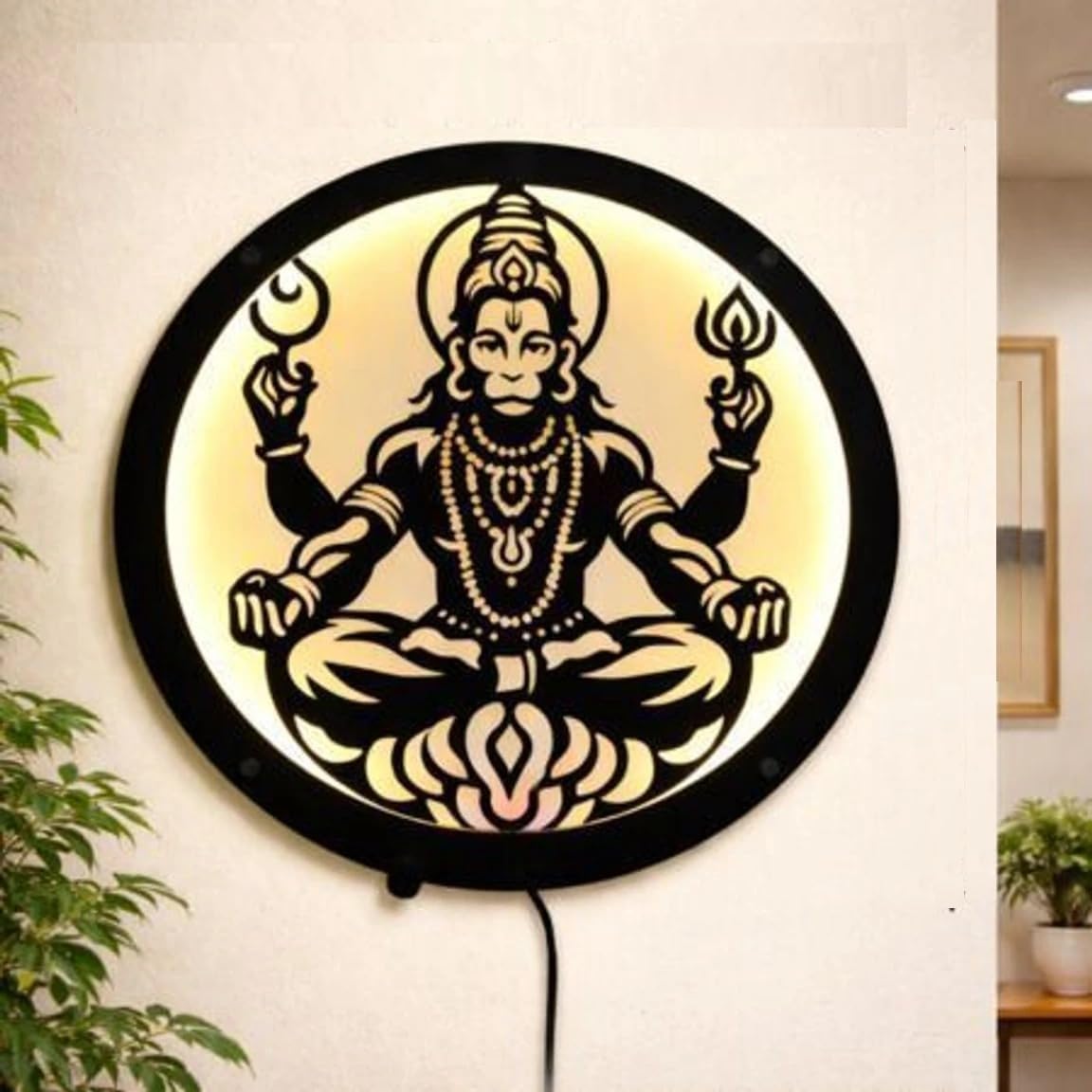 Hanuman Chalisa LED Wall Art with Music Control, Round Warm Light Decorative Wall Hanging for Home Temple, Living Room & Gift, Spiritual Wooden Frame Design, Religious Wall Decor, 30x30 cm-image-46