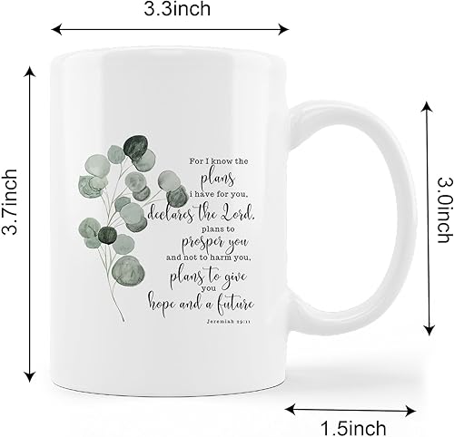 Miniatura 5 de Jeremías 2911 de la Biblia cristiana con texto en inglés "I Know the Plans I Have for You" - Taza de cerámica con hojas de eucalipto en acuarela de