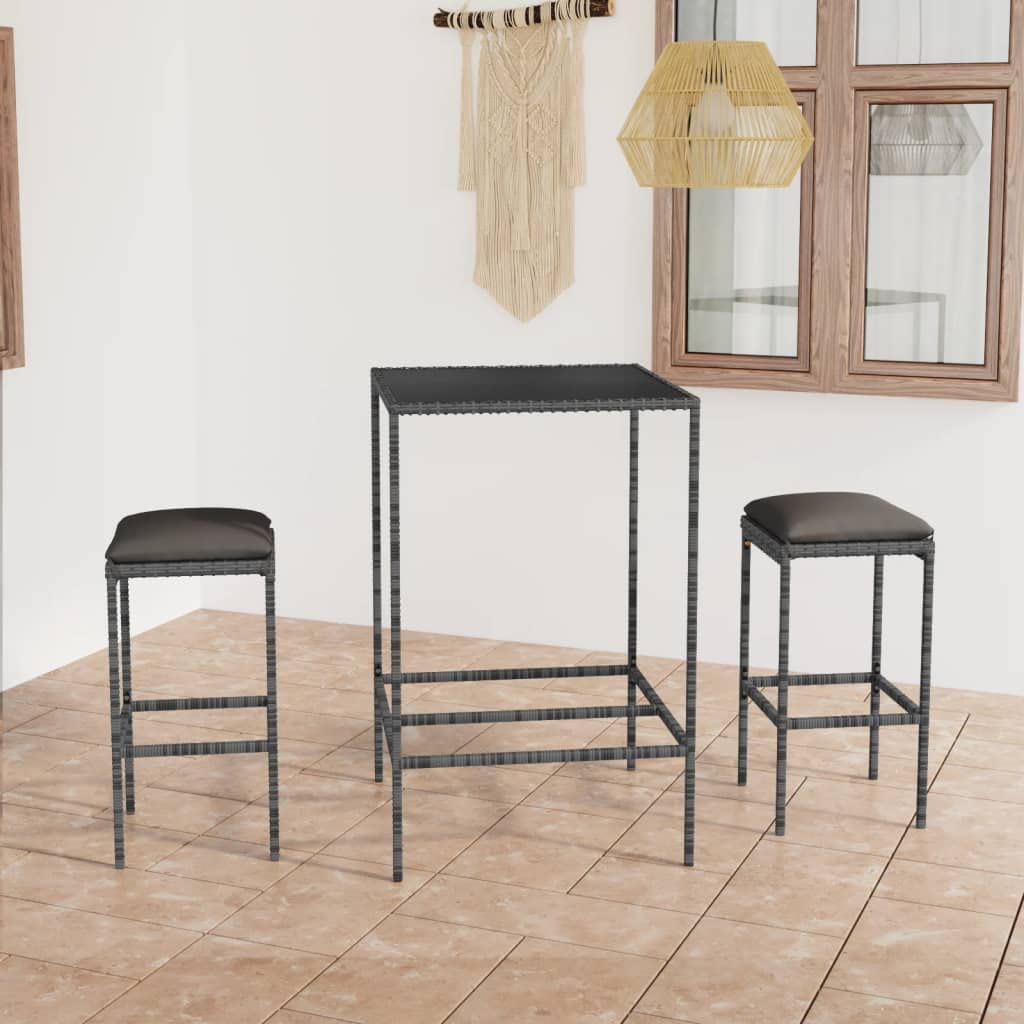 3-TLG. Juego de bar de jardín con cojines, polirratán gris, 70 x 70 x 110 cm, mesa alta, muebles de exterior para balcón, terraza
