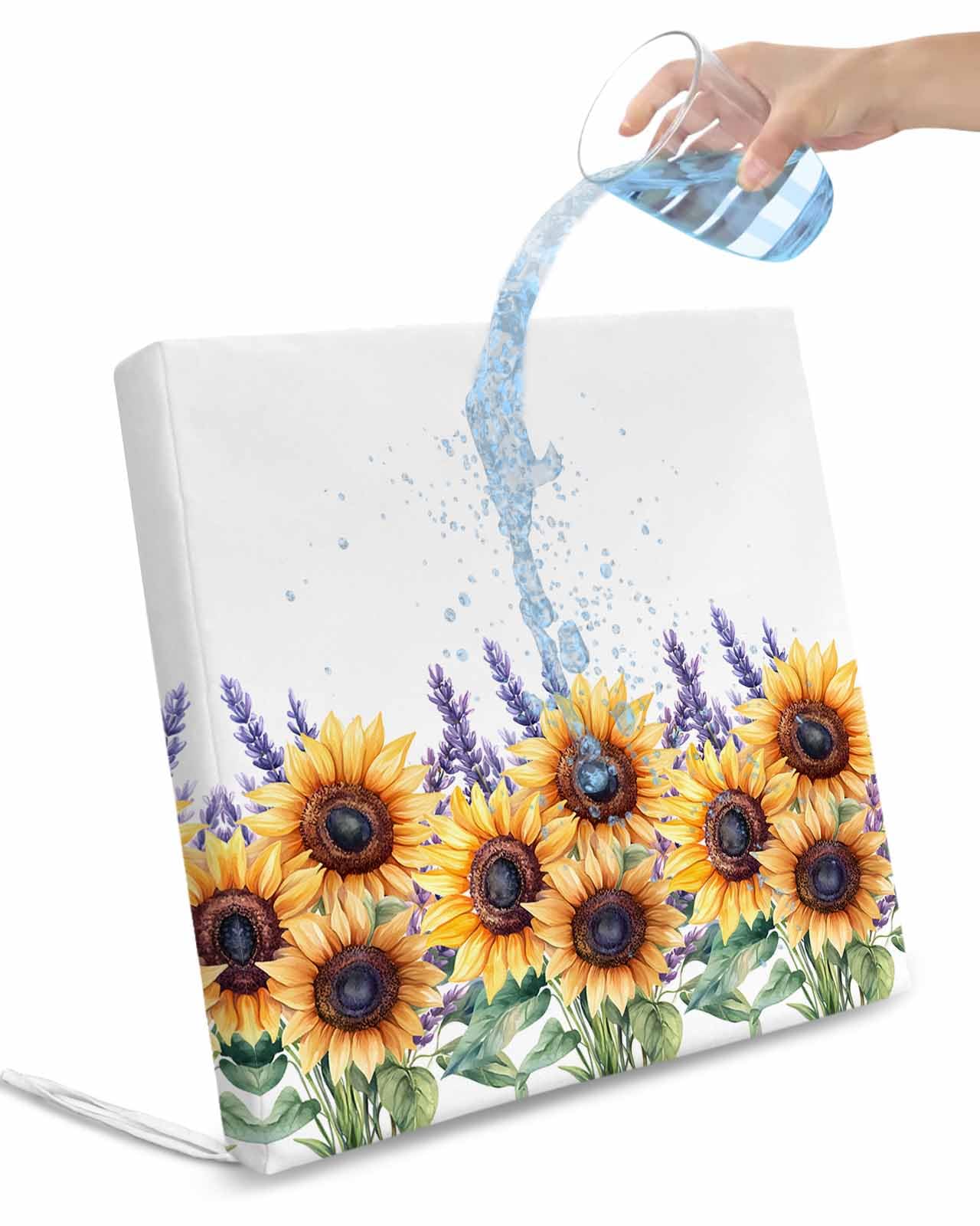 2 Pack Sunflower Waterproof Cushion Covers with Ties, Outdoor Patio Chaise Lounge Chair Seat Cushion Slip Covers Replacement(Only Cover) Yellow Summer Flowers Watercolor 22