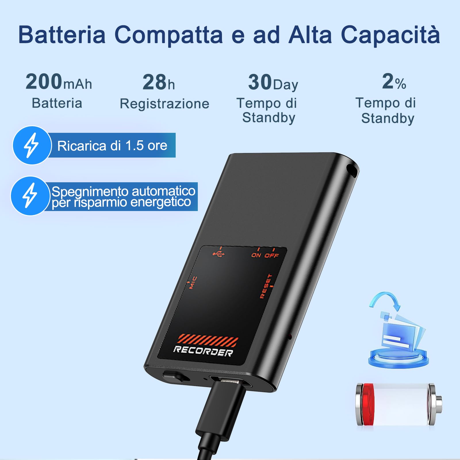 64GB Registratore Vocale, 192Kbps Mini Registratore Professionale ad Attivazione Vocale con Riduzione del Rumore, 30 Ore di Registrazione Continua per Conferenze/Riunioni/Interviste（Versione OTG）