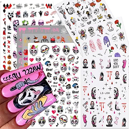 9 Sheets Halloween Nail Art Stickers 3D Self-Adhesive Skeleton Pumpkin Spider Face Skull Nail Decals, 2022 Cute Skull Nail Art Supplies Designed for Women and Girls DIY Halloween Nail Art Decoration