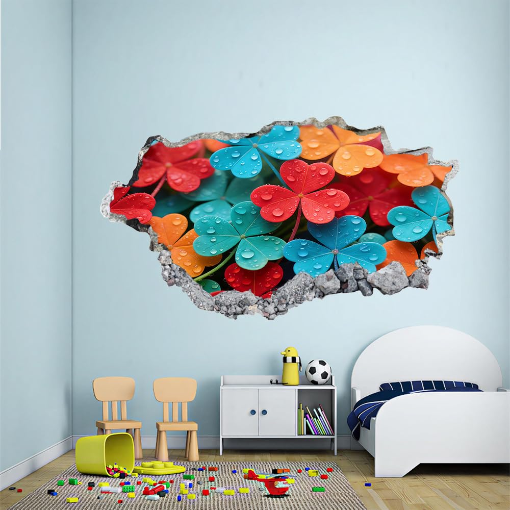 3D Durchbruch Wandtattoo Mädchen Kinderzimmer Vierblättriges Kleeblatt Wandaufkleber Dekorative Farbenfrohe Pflanzen Wandsticker für Junge Teenager Zimmer Wohnzimmer Schlafzimmer Wandbilder Deko