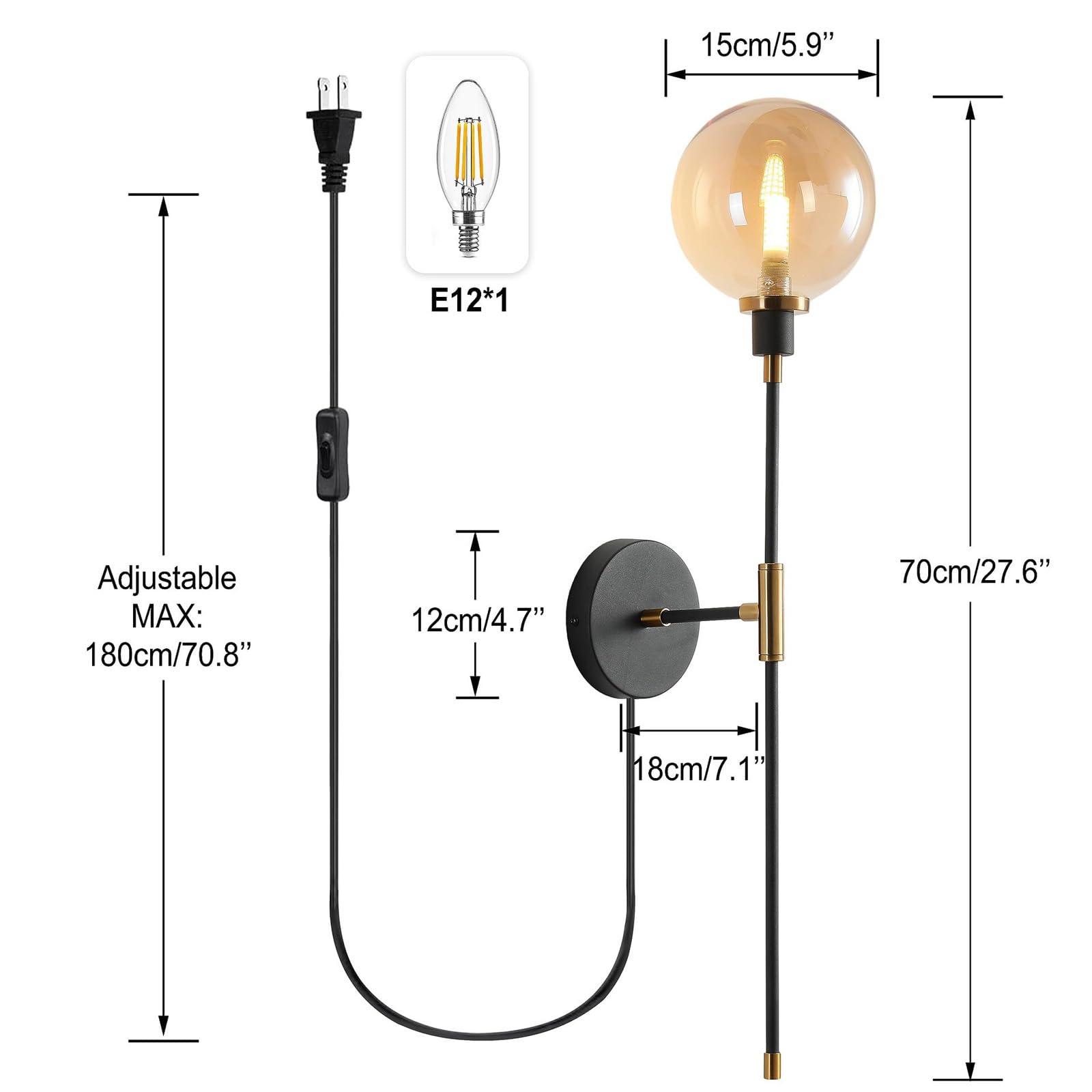 Vintage Industrial Wandlampe mit Schalter und Stecker Innen Wandleuchte mit Kabel Steckdose Wandbeleuchtung Glaskugel Schwarz Metall G9 für Wohnzimmer Schlafzimmer Loft (D,1 Stück)