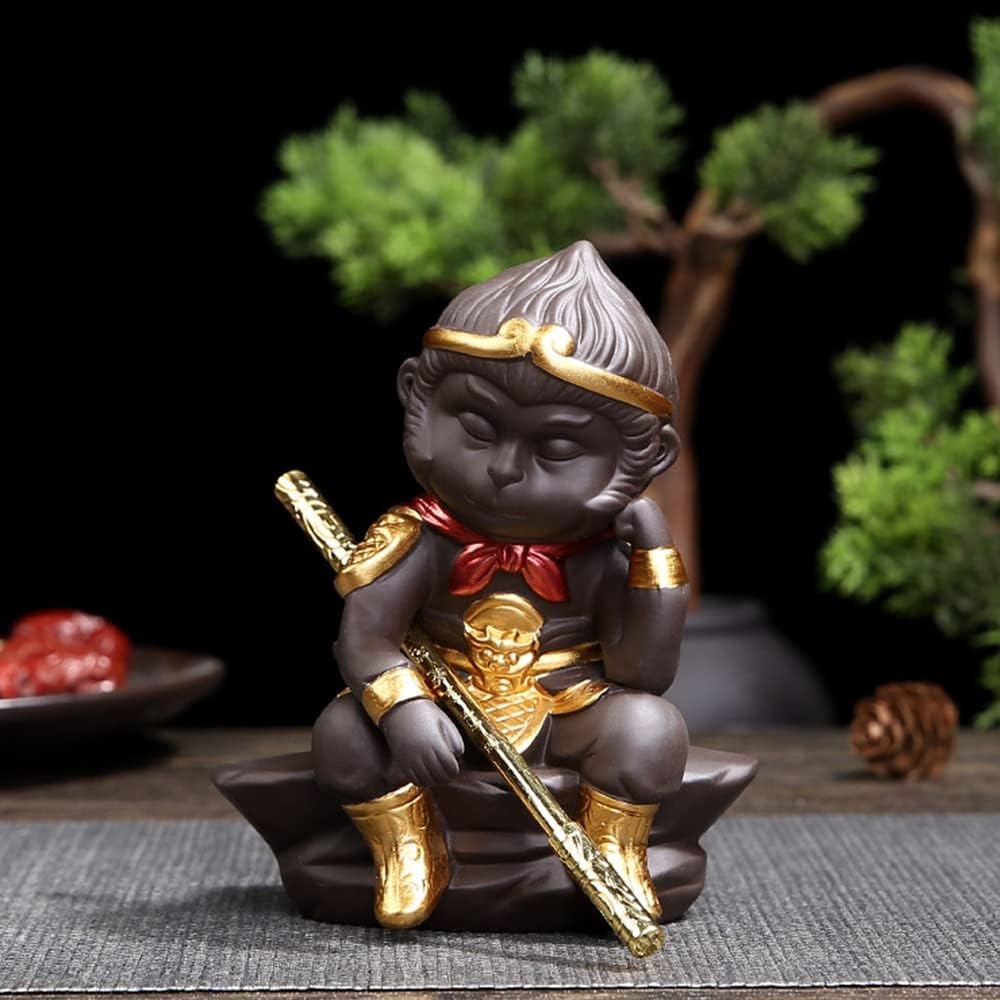 Yuzdnm One Color Decoration Art Statue Sculpture - Monkey King Statue, Cute Sun Wukong Buddha Zen Monk Figure, Chinese Journey To The West Monk Sculpture With Golden Cudgel