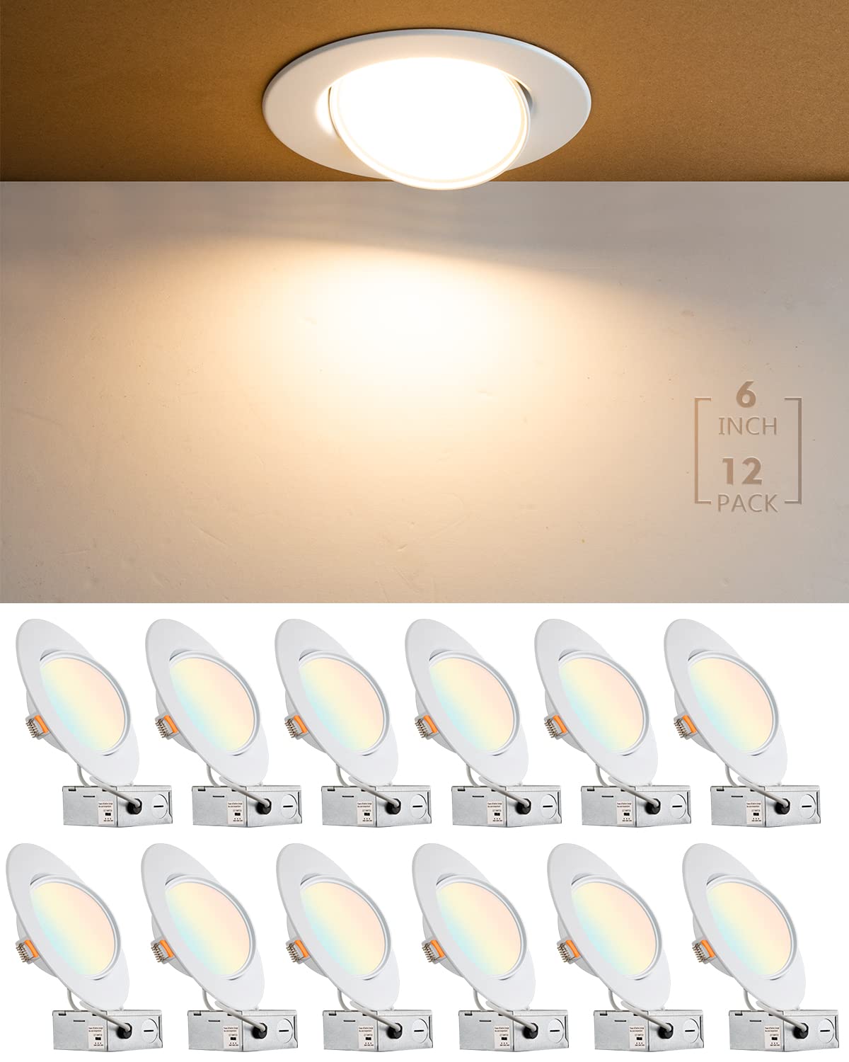 6 Inch Gimbal LED Recessed Light, 360°+90° Adjustable Angled LED Recessed Can Light 6inch, IC Rated,3000K/4000K/5000K Dimmable 6 Inch Adjustable Eyeball for Picture Wall 12W=120W 1200LM-12Pack