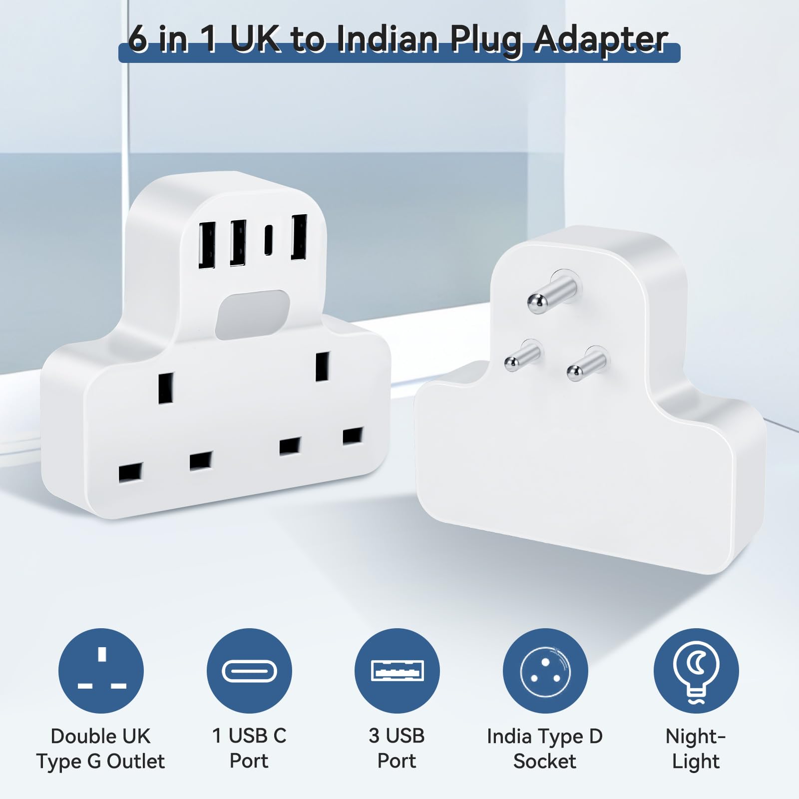 UK to India Plug Adapter,SHUOMAO Double UK to 3 Pin India Travel Adapter with 3 USB+1 USB C,Converter Plug Adaptor with with Night Light,for India,Sri Lanka,Pakistan,Burma,Maldives,Yemen(Type D) - Image 2