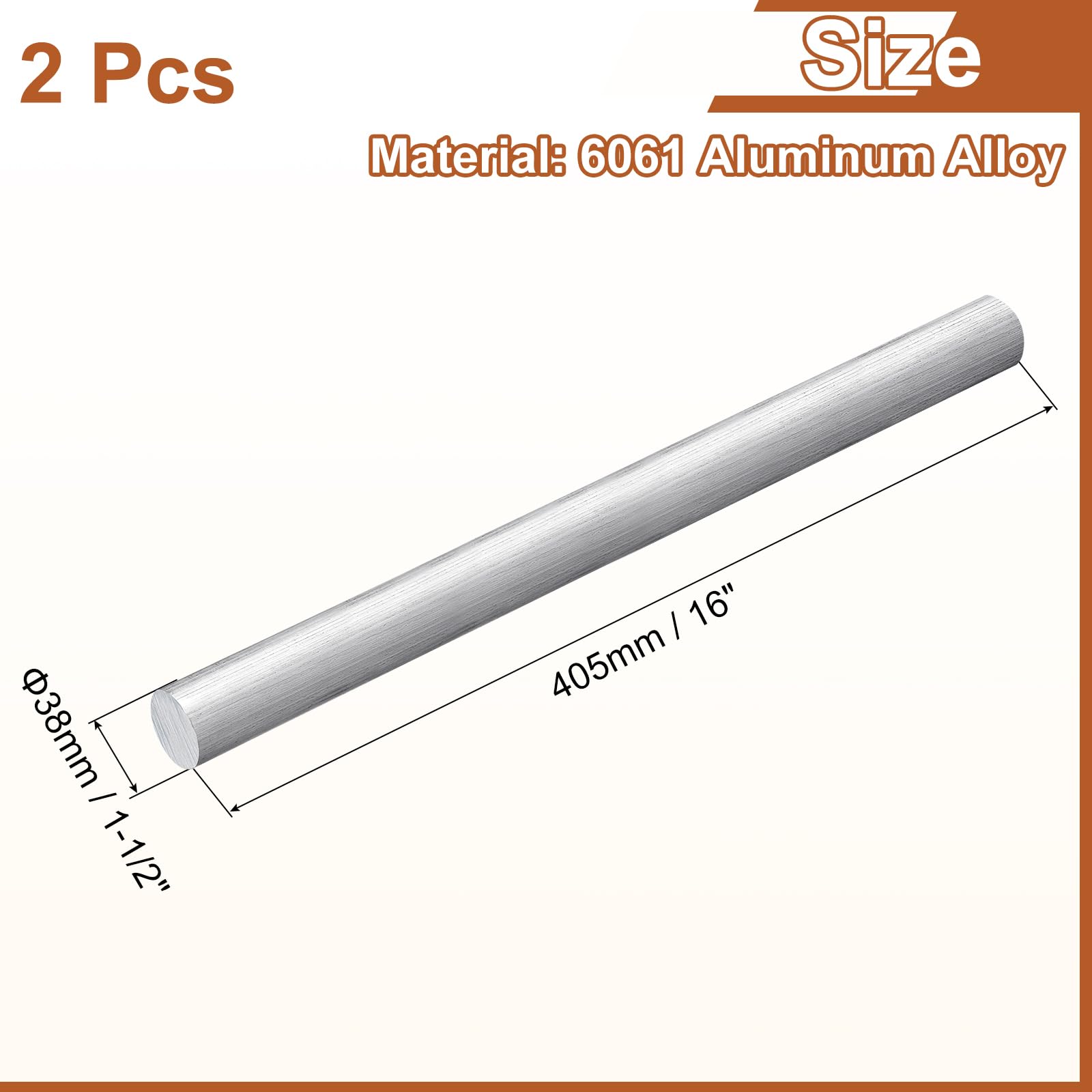 QUARKZMAN 2 Piezas De Varilla Redonda De Aluminio De 1 1/2" (38mm) De Diámetro, 16" (405mm) De Longitud, Varilla Redonda De Aluminio 6061 Sólida Para Industria Construcción Manualidades DIY