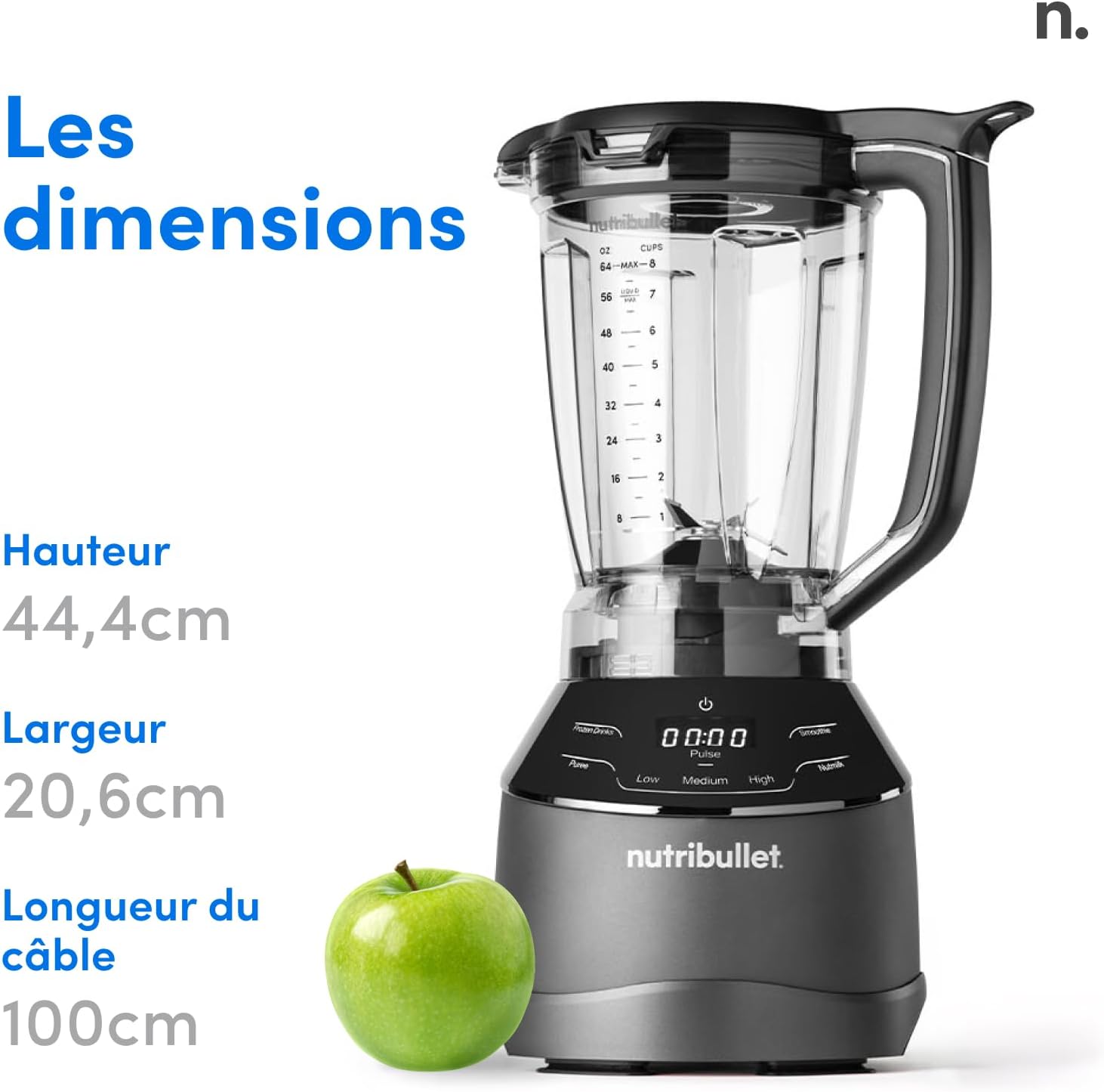 Diagram showing the dimensions of the NutriBullet Triple Prep System: Height 44.4cm, Width 20.6cm, Cable Length 100cm.